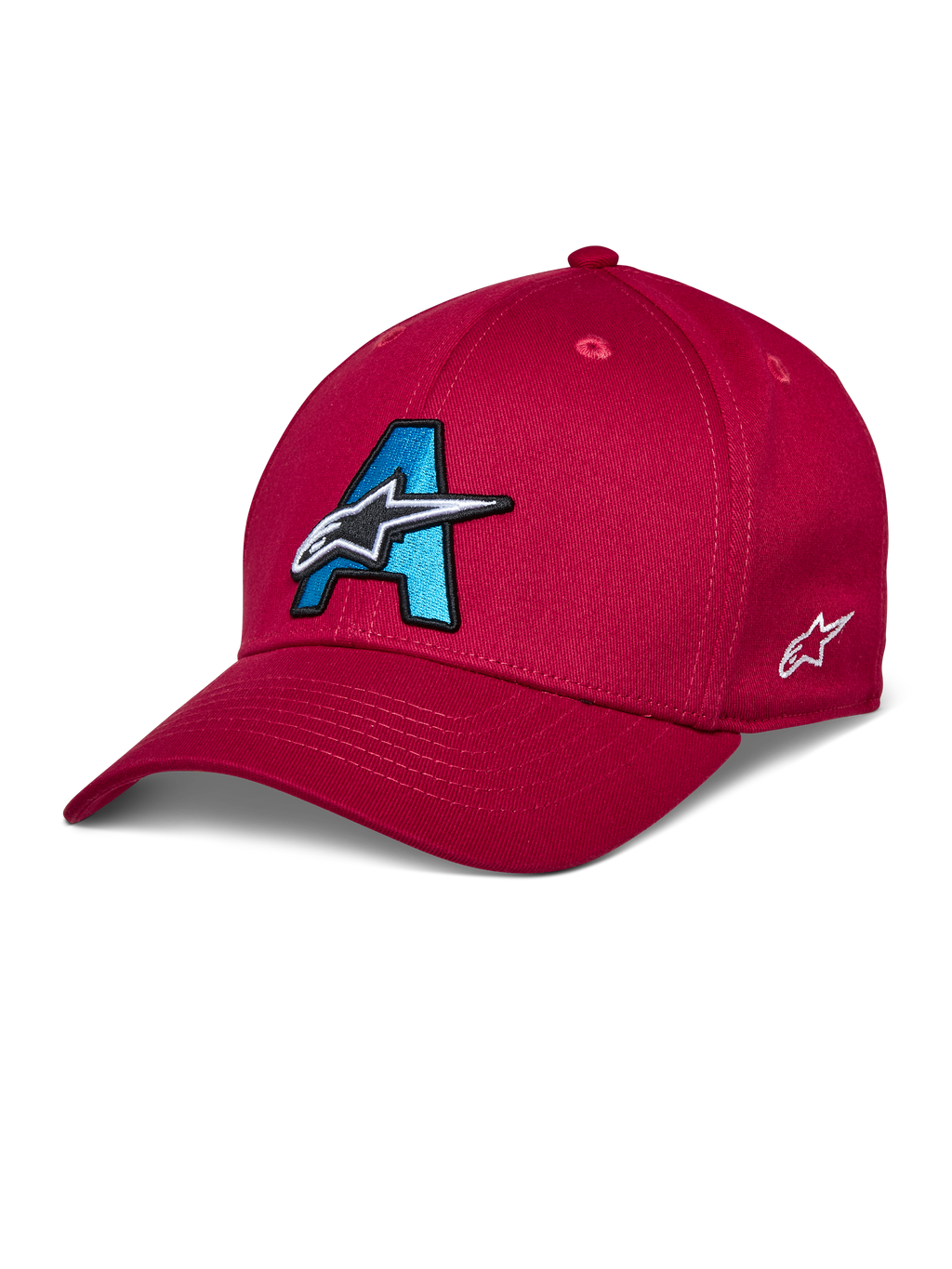 Alpinestars Elemental Hat, cappellino da baseball rosso, logo A ricamato in 3D blu ciano e nero, design con stella bianca, visiera curva, corona strutturata, copricapo casual da motorsport