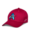 Alpinestars Elemental Hat, cappellino da baseball rosso, logo A ricamato in 3D blu ciano e nero, design con stella bianca, visiera curva, corona strutturata, copricapo casual da motorsport