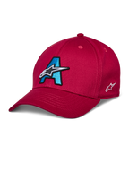 Alpinestars Elemental Hat, cappellino da baseball rosso, logo A ricamato in 3D blu ciano e nero, design con stella bianca, visiera curva, corona strutturata, copricapo casual da motorsport