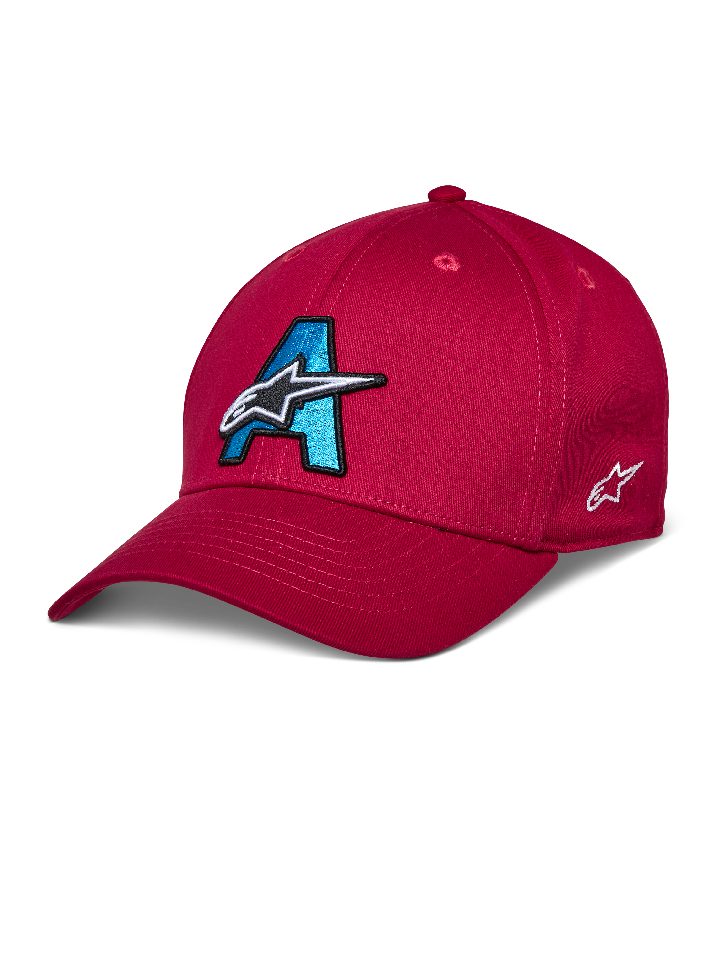 Alpinestars Elemental Hat, cappellino da baseball rosso, logo A ricamato in 3D blu ciano e nero, design con stella bianca, visiera curva, corona strutturata, copricapo casual da motorsport