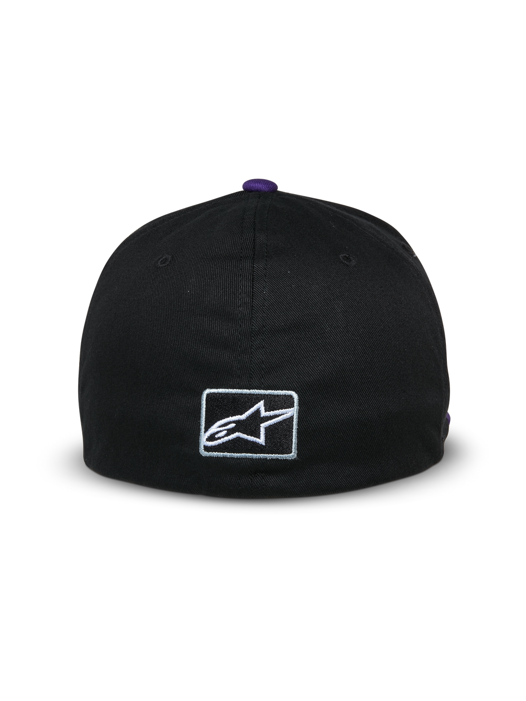 Cappello Alpinestars Franchise, vista posteriore di un cappellino da baseball nero, bottone viola sulla parte superiore, piccolo logo Astars ricamato in bianco sul retro, design flex-back, streetwear casual ispirato al motorsport