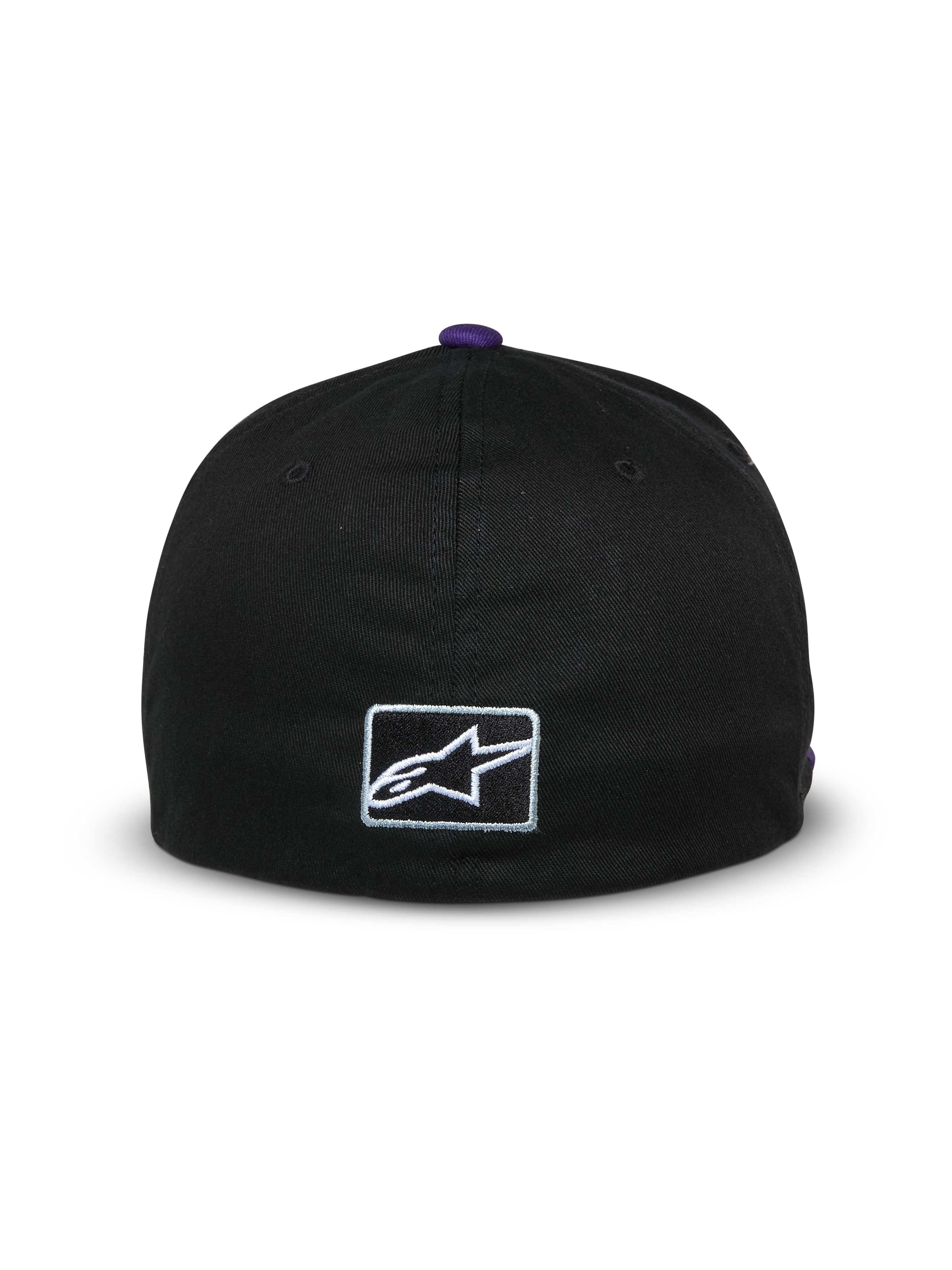 Cappello Alpinestars Franchise, vista posteriore di un cappellino da baseball nero, bottone viola sulla parte superiore, piccolo logo Astars ricamato in bianco sul retro, design flex-back, streetwear casual ispirato al motorsport