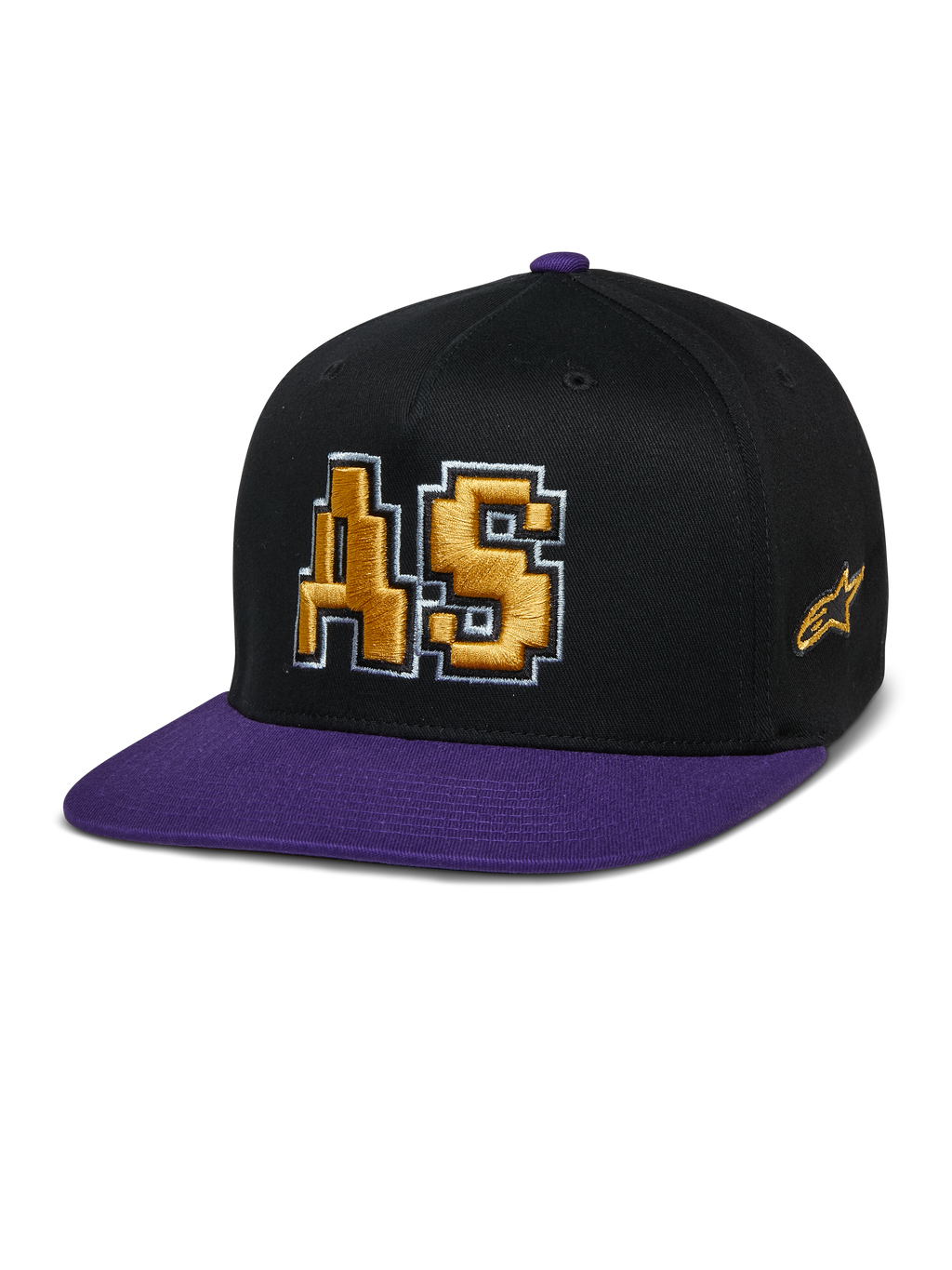 Alpinestars Franchise Hat, cappellino con visiera piatta, nero e viola, logo AS ricamato in 3D color oro con contorno bianco, visiera e bottone superiore viola, design strutturato Flex Fit