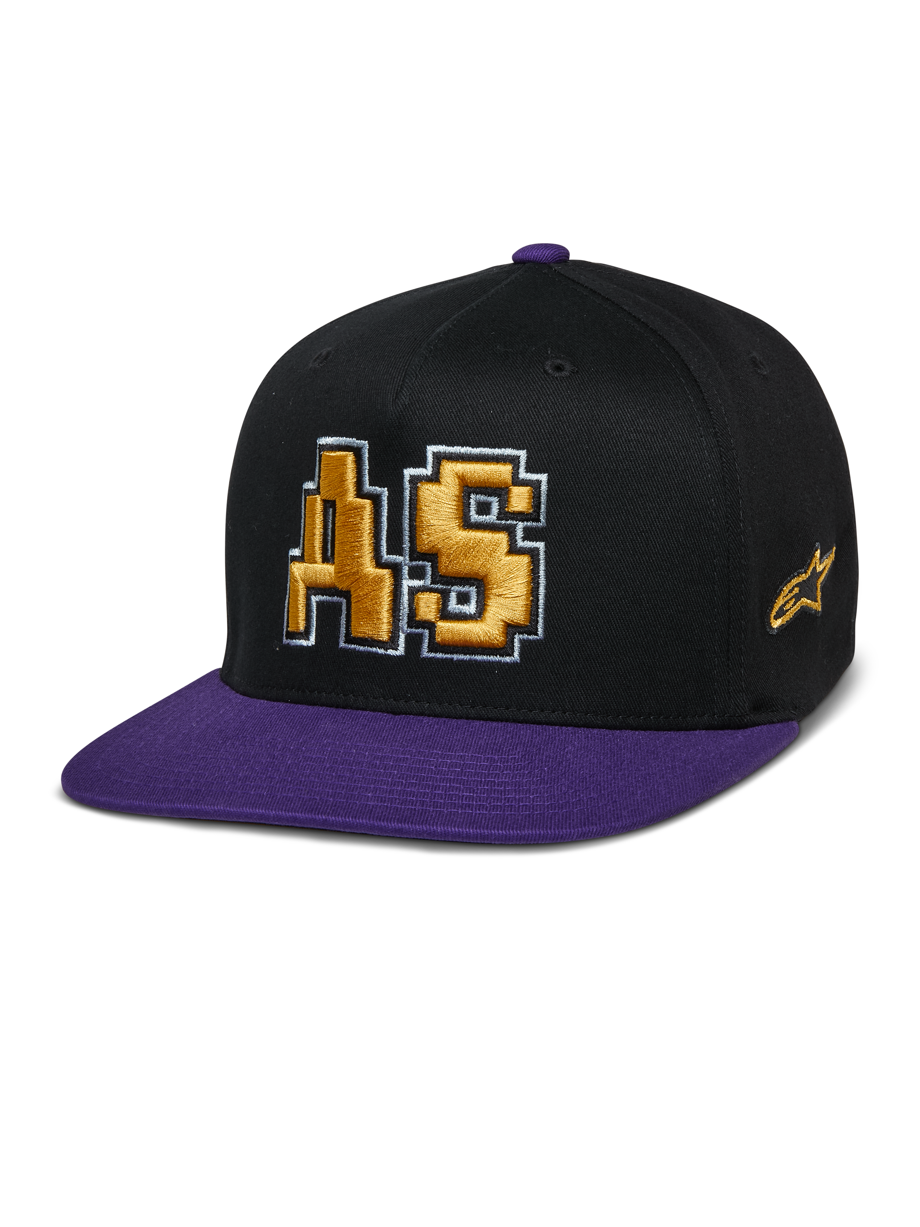 Alpinestars Franchise Hat, cappellino con visiera piatta, nero e viola, logo AS ricamato in 3D color oro con contorno bianco, visiera e bottone superiore viola, design strutturato Flex Fit
