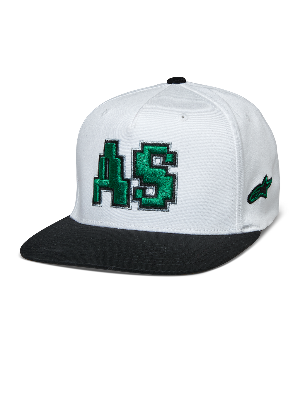 Alpinestars Franchise Hat, cappellino da baseball con corona bianca e visiera piatta nera, logo AS verde ricamato in 3D, modello flex back, accessorio lifestyle motorsport