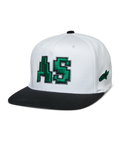 Alpinestars Franchise Hat, cappellino da baseball con corona bianca e visiera piatta nera, logo AS verde ricamato in 3D, modello flex back, accessorio lifestyle motorsport