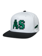 Alpinestars Franchise Hat, cappellino da baseball con corona bianca e visiera piatta nera, logo AS verde ricamato in 3D, modello flex back, accessorio lifestyle motorsport