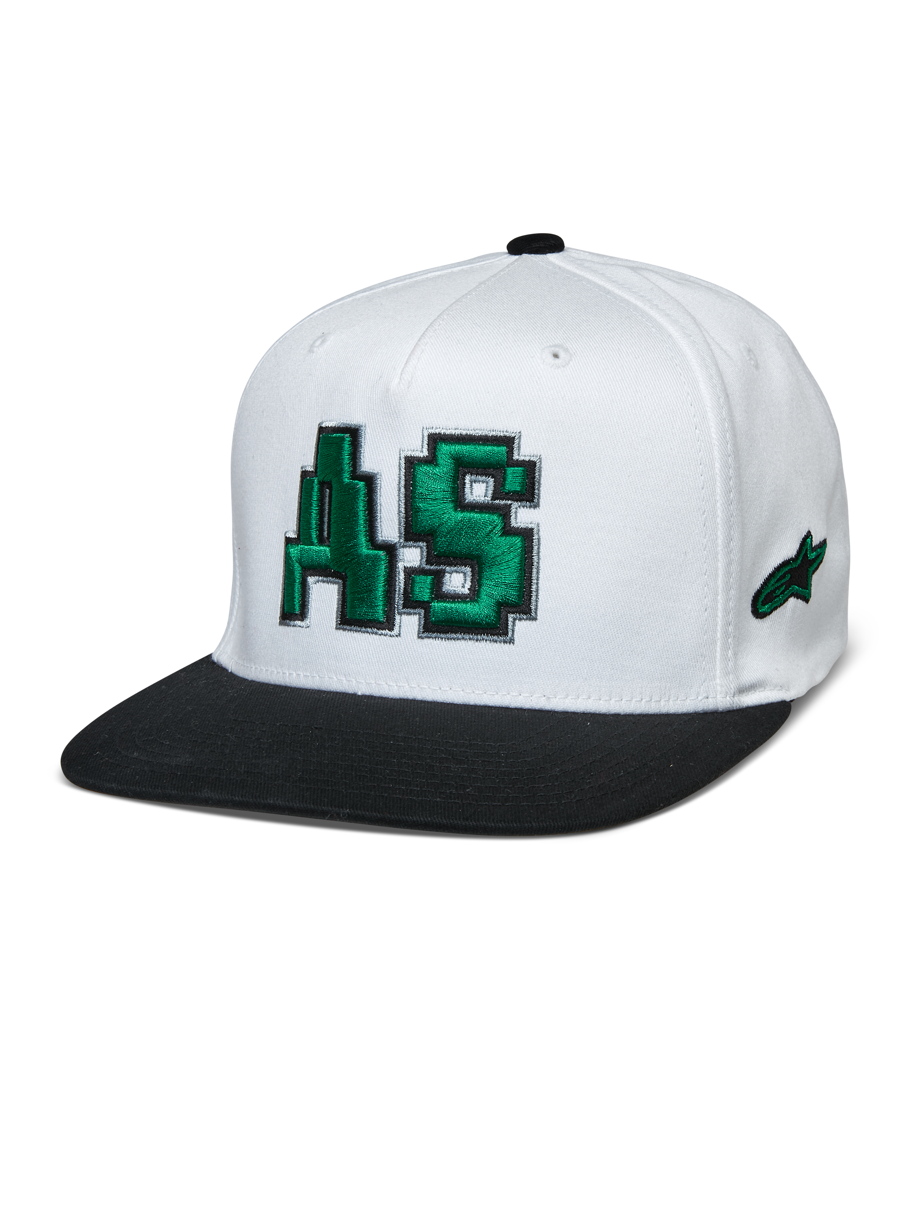 Alpinestars Franchise Hat, cappellino da baseball con corona bianca e visiera piatta nera, logo AS verde ricamato in 3D, modello flex back, accessorio lifestyle motorsport