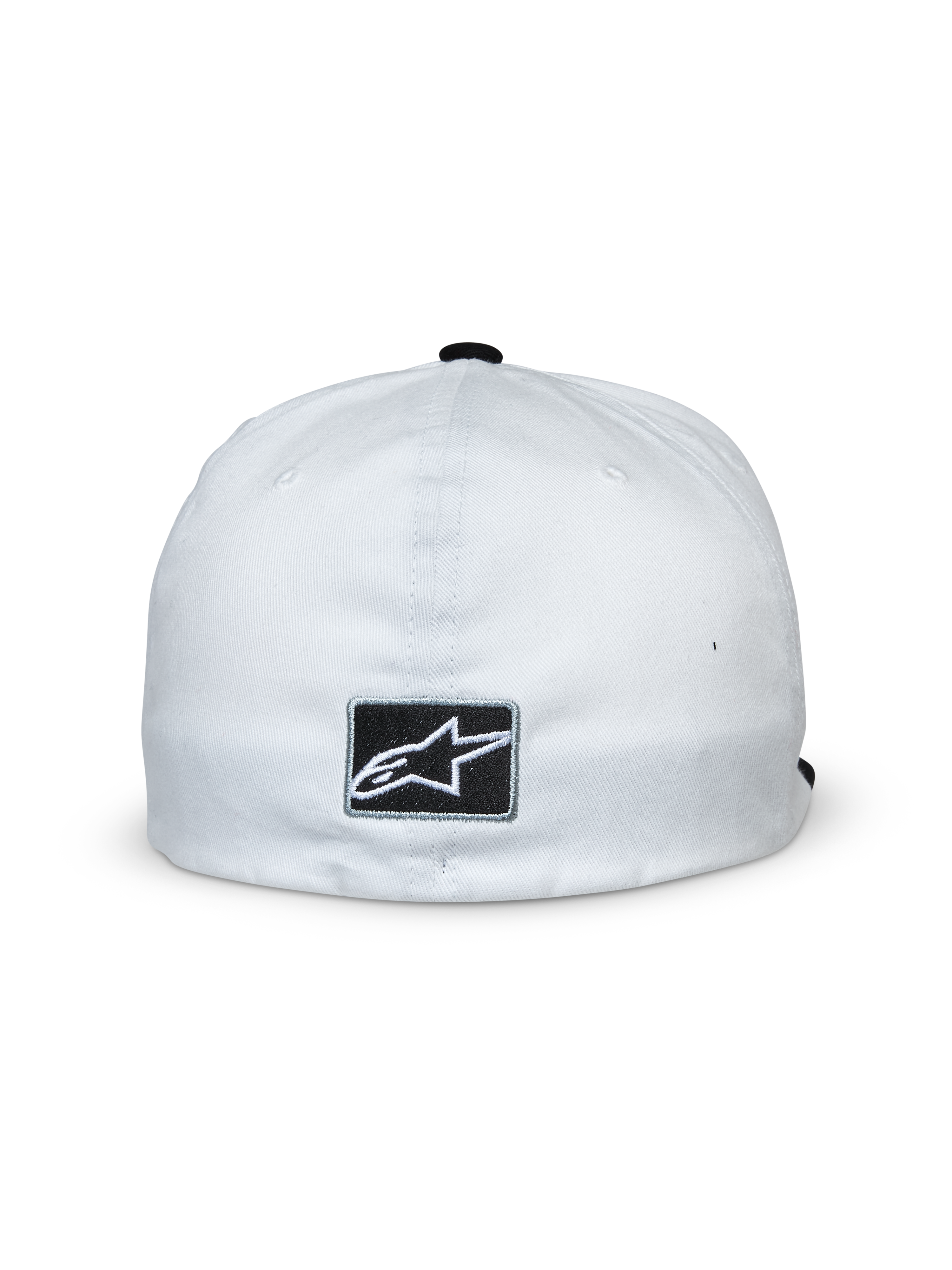 Cappello Alpinestars Franchise, bianco e nero, vista posteriore con patch rettangolare nera e logo Alpinestars a stella bianco, design con retro flessibile, copricapo casual ispirato al motorsport