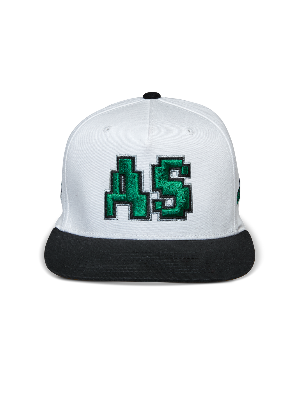 Cappello Alpinestars Franchise, cappello con visiera piatta, bianco e nero, logo AS ricamato in 3D verde sul davanti, corona strutturata con visiera piatta nera, copricapo casual ispirato al motorsport