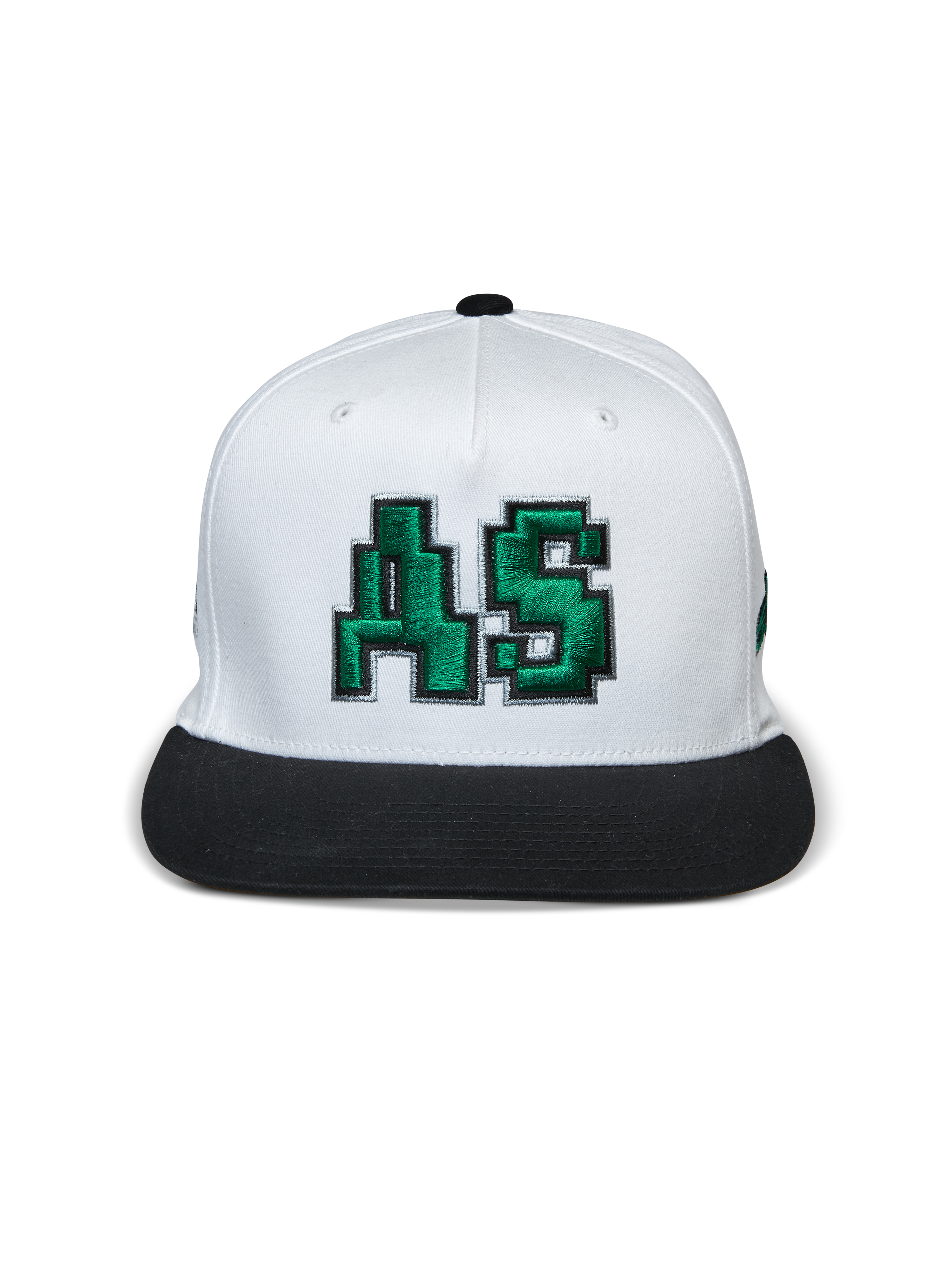 Cappello Alpinestars Franchise, cappello con visiera piatta, bianco e nero, logo AS ricamato in 3D verde sul davanti, corona strutturata con visiera piatta nera, copricapo casual ispirato al motorsport