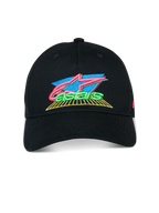 Cappello Alpinestars Vivid, nero, cappellino con visiera curva, vivace logo ricamato in 3D con accenti rosa, blu e verdi, corona bassa semi-strutturata, streetwear casual da motorsport