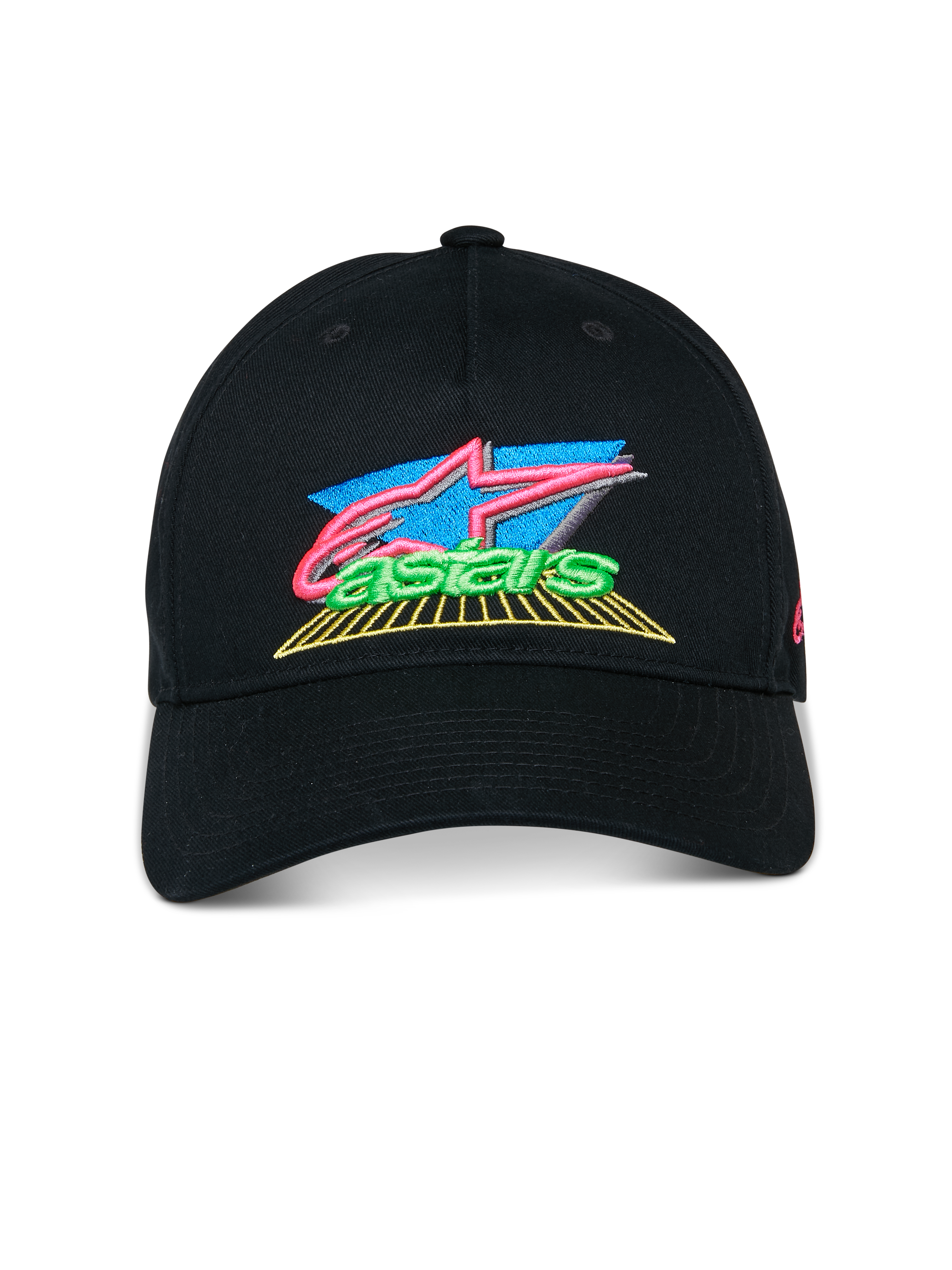 Cappello Alpinestars Vivid, nero, cappellino con visiera curva, vivace logo ricamato in 3D con accenti rosa, blu e verdi, corona bassa semi-strutturata, streetwear casual da motorsport