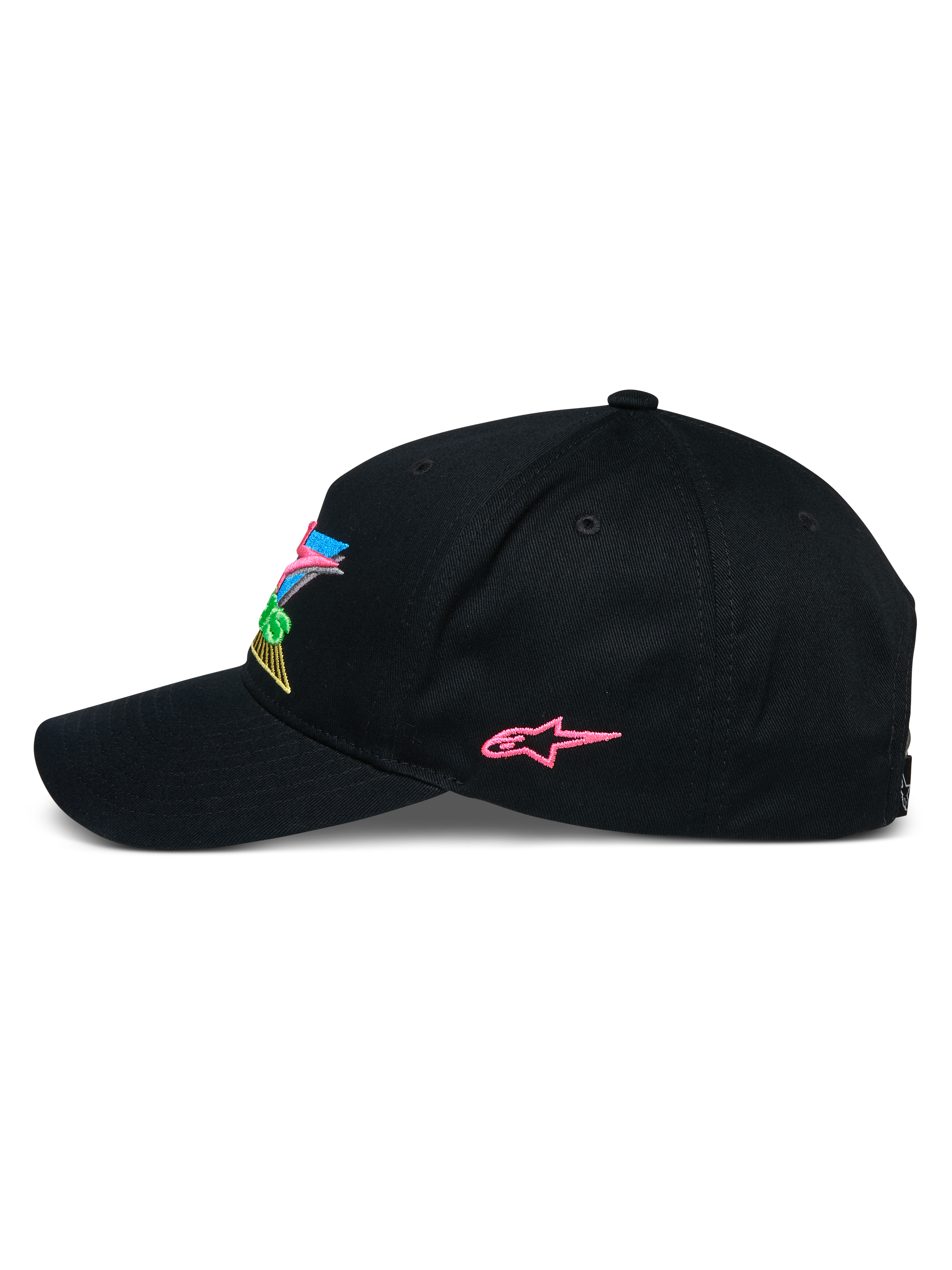 Cappello Alpinestars Vivid, cappellino da baseball snapback nero, profilo laterale con logo a stella ricamato in rosa e branding frontale 3D colorato, visiera curva, streetwear casual ispirato al motorsport