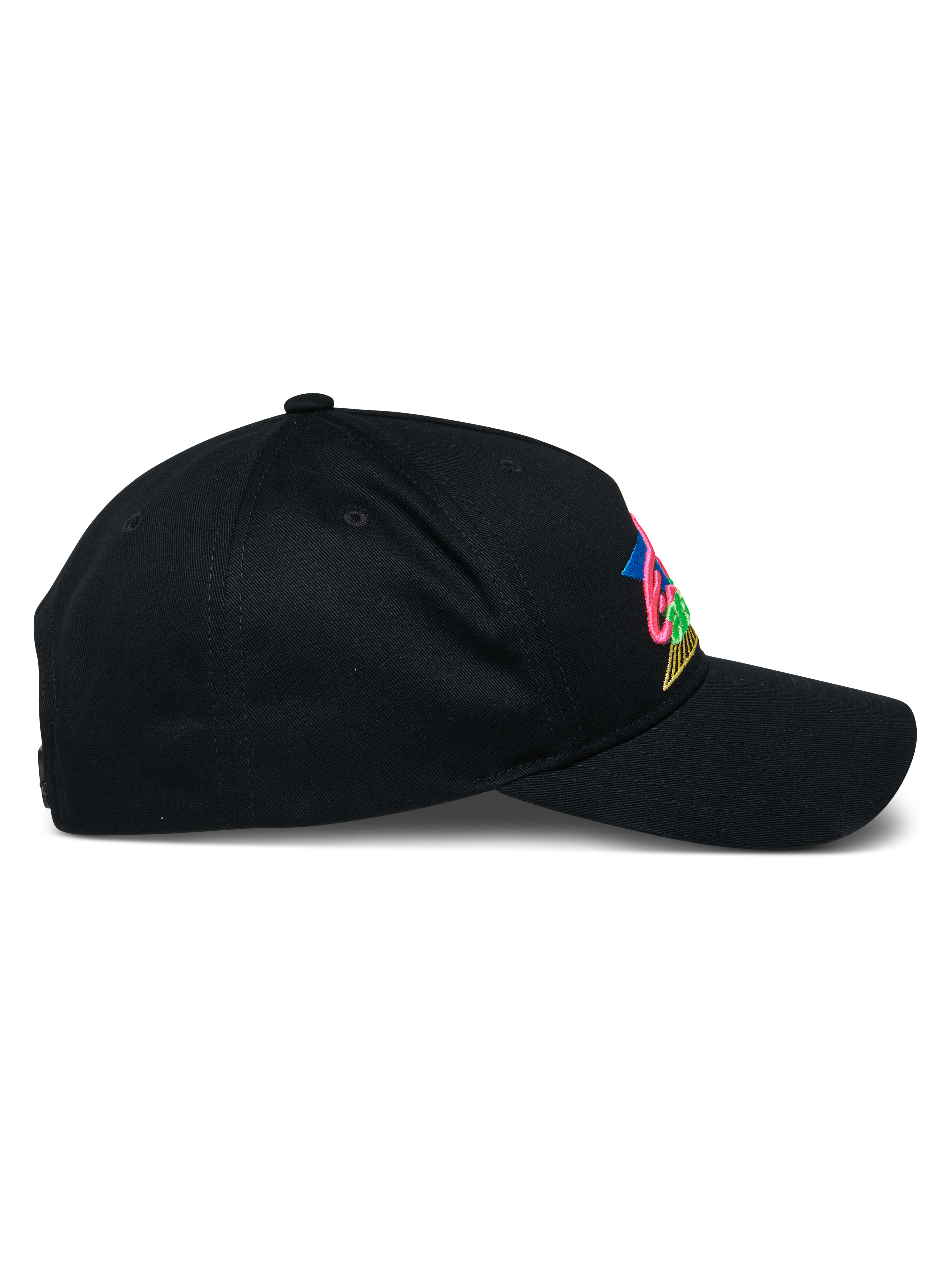 Cappello Alpinestars Vivid, berretto da baseball nero, vista laterale con visiera curva e corona semi-strutturata, logo ricamato in 3D colorato sulla parte anteriore, streetwear casual in twill di cotone