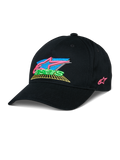 Cappello Alpinestars Vivid, cappellino da baseball nero con logo ricamato in 3D, accenti vivaci in rosa, blu, verde e giallo, visiera curva strutturata, streetwear casual ispirato al motorsport