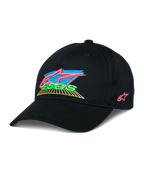 Cappello Alpinestars Vivid, cappellino da baseball nero con logo ricamato in 3D, accenti vivaci in rosa, blu, verde e giallo, visiera curva strutturata, streetwear casual ispirato al motorsport