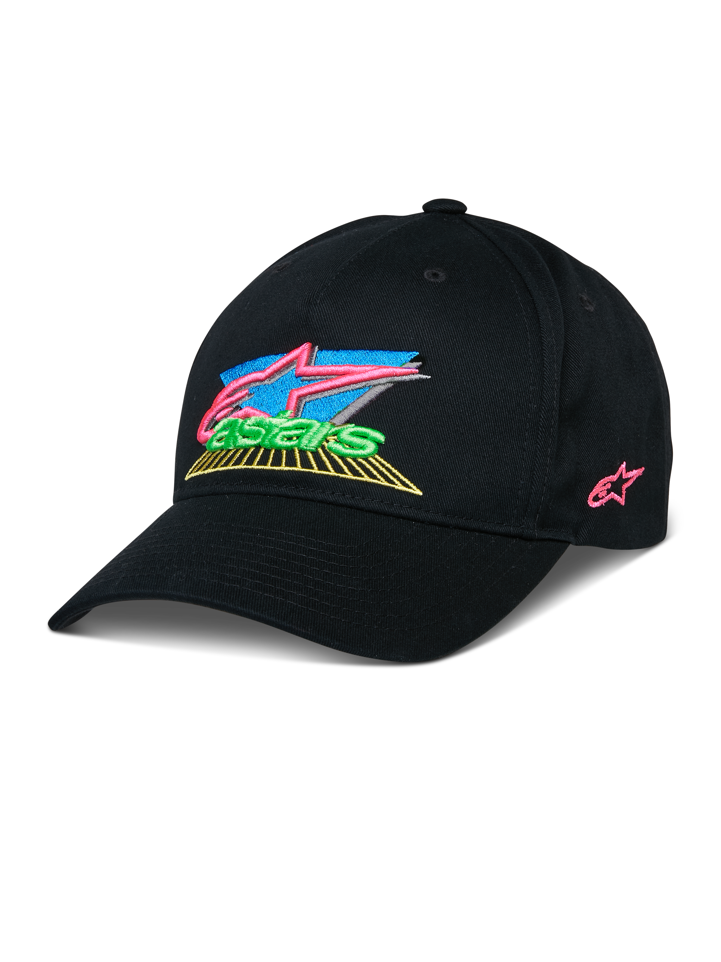Cappello Alpinestars Vivid, cappellino da baseball nero con logo ricamato in 3D, accenti vivaci in rosa, blu, verde e giallo, visiera curva strutturata, streetwear casual ispirato al motorsport
