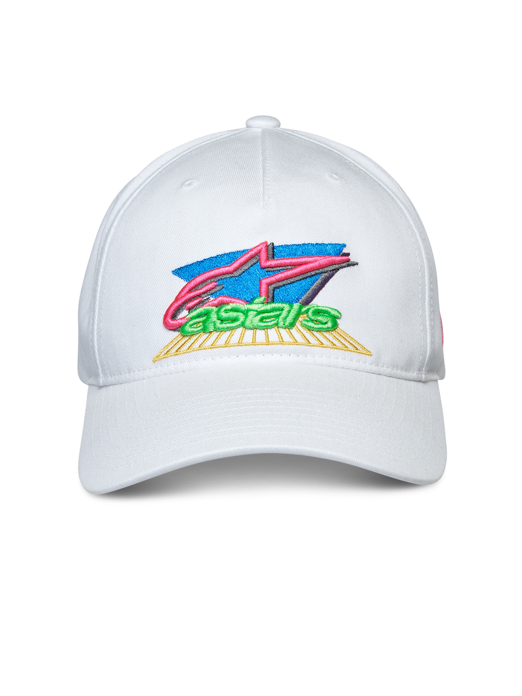 Cappello Alpinestars Vivid, bianco, modello snapback con visiera curva, ricamo colorato del logo frontale in 3D e piatto, abbigliamento sportivo casual