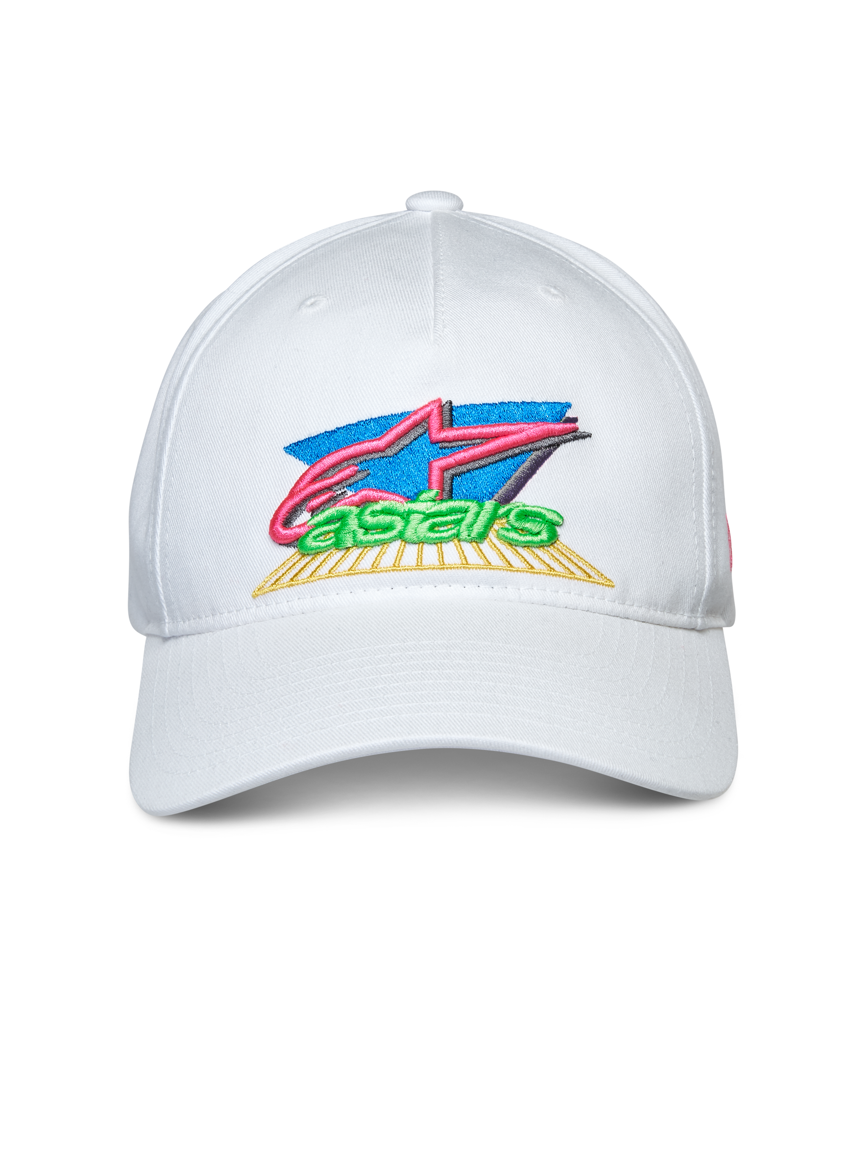 Cappello Alpinestars Vivid, bianco, modello snapback con visiera curva, ricamo colorato del logo frontale in 3D e piatto, abbigliamento sportivo casual