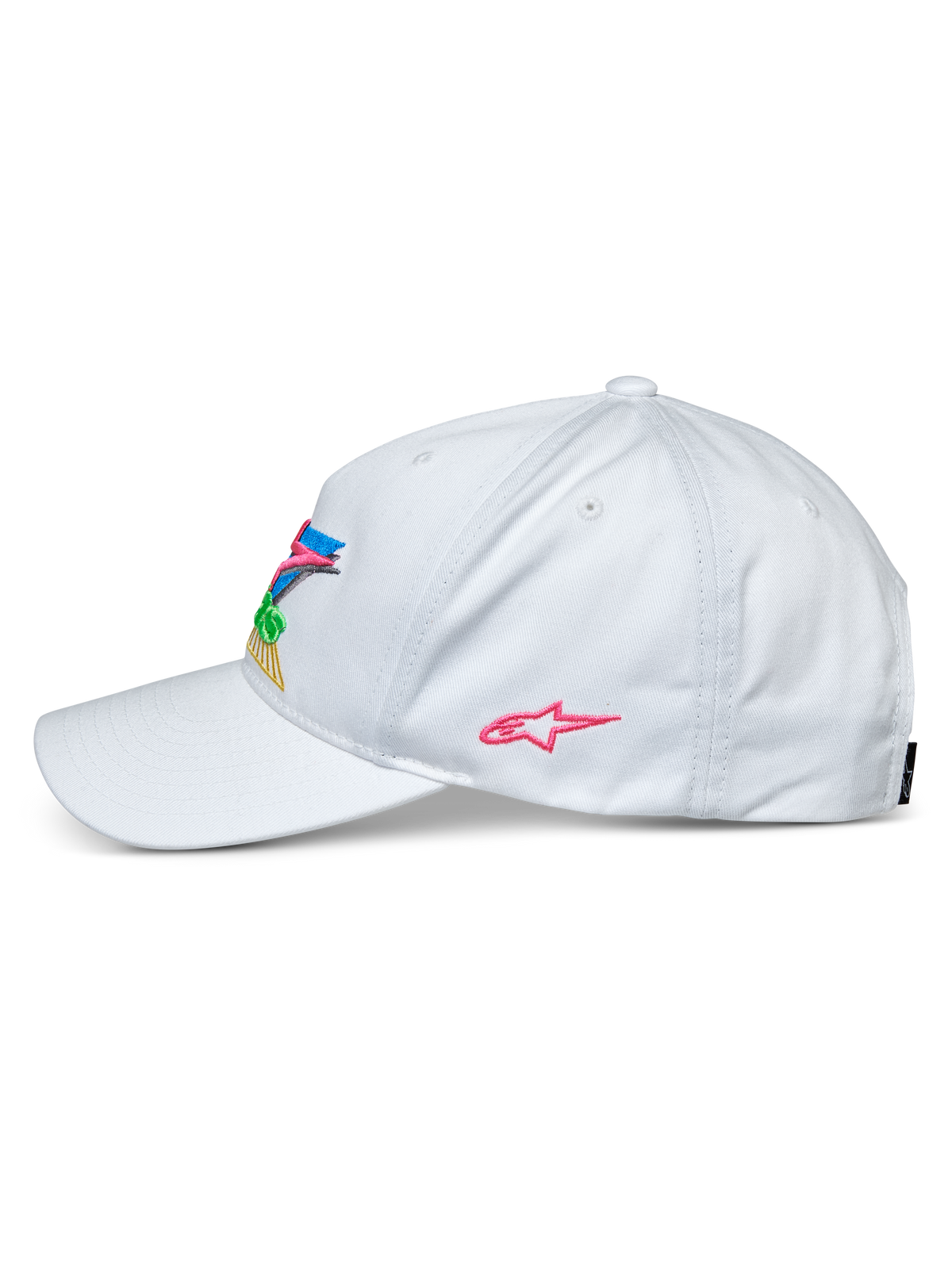 Alpinestars Vivid Hat, bianco, vista laterale di un cappello da baseball, visiera curva e corona bassa semi-strutturata, con ricamo 3D colorato sul davanti e logo a stella rosa sul lato, copricapo casual sportivo