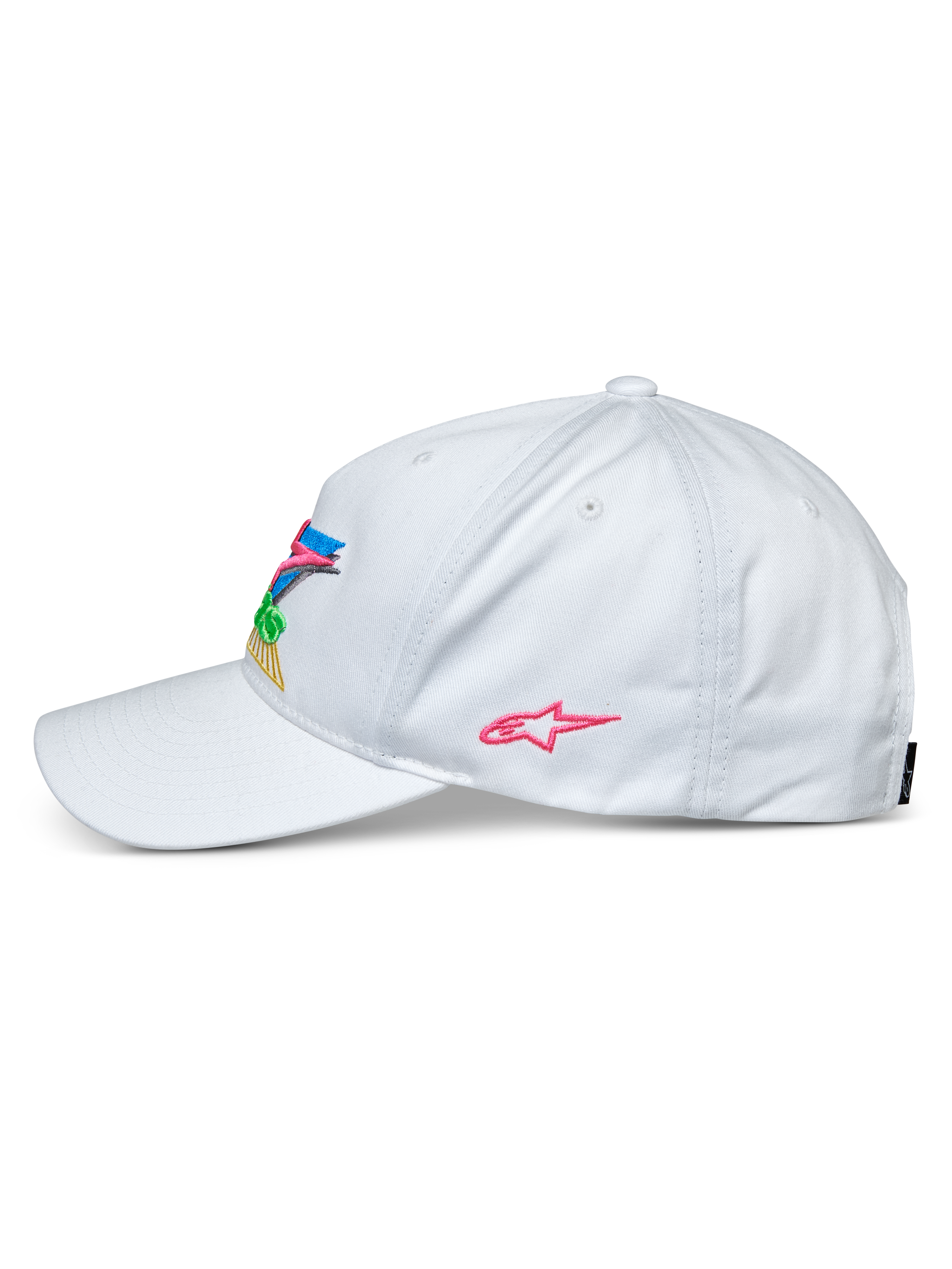 Alpinestars Vivid Hat, bianco, vista laterale di un cappello da baseball, visiera curva e corona bassa semi-strutturata, con ricamo 3D colorato sul davanti e logo a stella rosa sul lato, copricapo casual sportivo