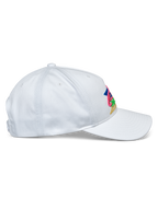 Alpinestars Vivid Hat, bianco, profilo laterale, cappellino da baseball a corona bassa semi-strutturata con visiera curva, tessuto in twill di cotone, con vivace ricamo multicolore frontale, copricapo casual sportivo