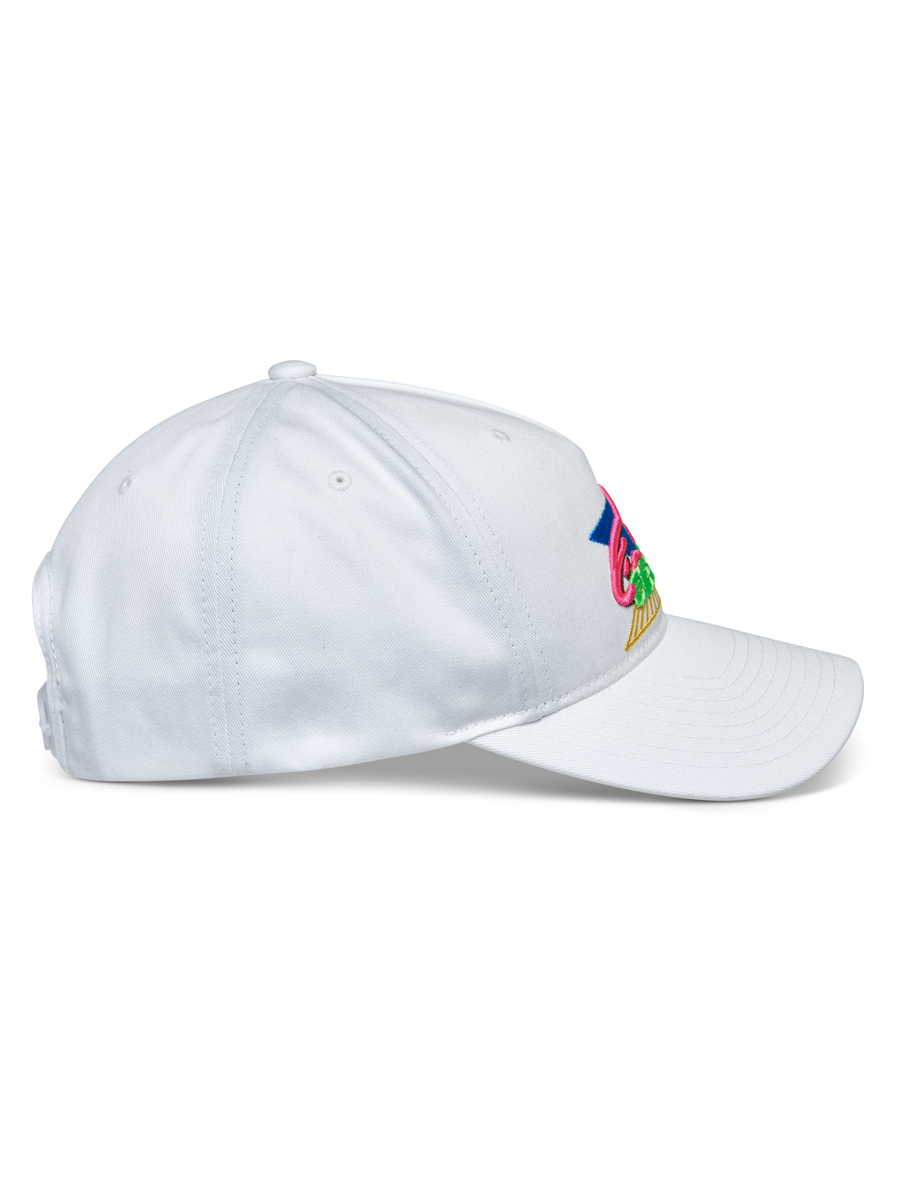 Alpinestars Vivid Hat, bianco, profilo laterale, cappellino da baseball a corona bassa semi-strutturata con visiera curva, tessuto in twill di cotone, con vivace ricamo multicolore frontale, copricapo casual sportivo