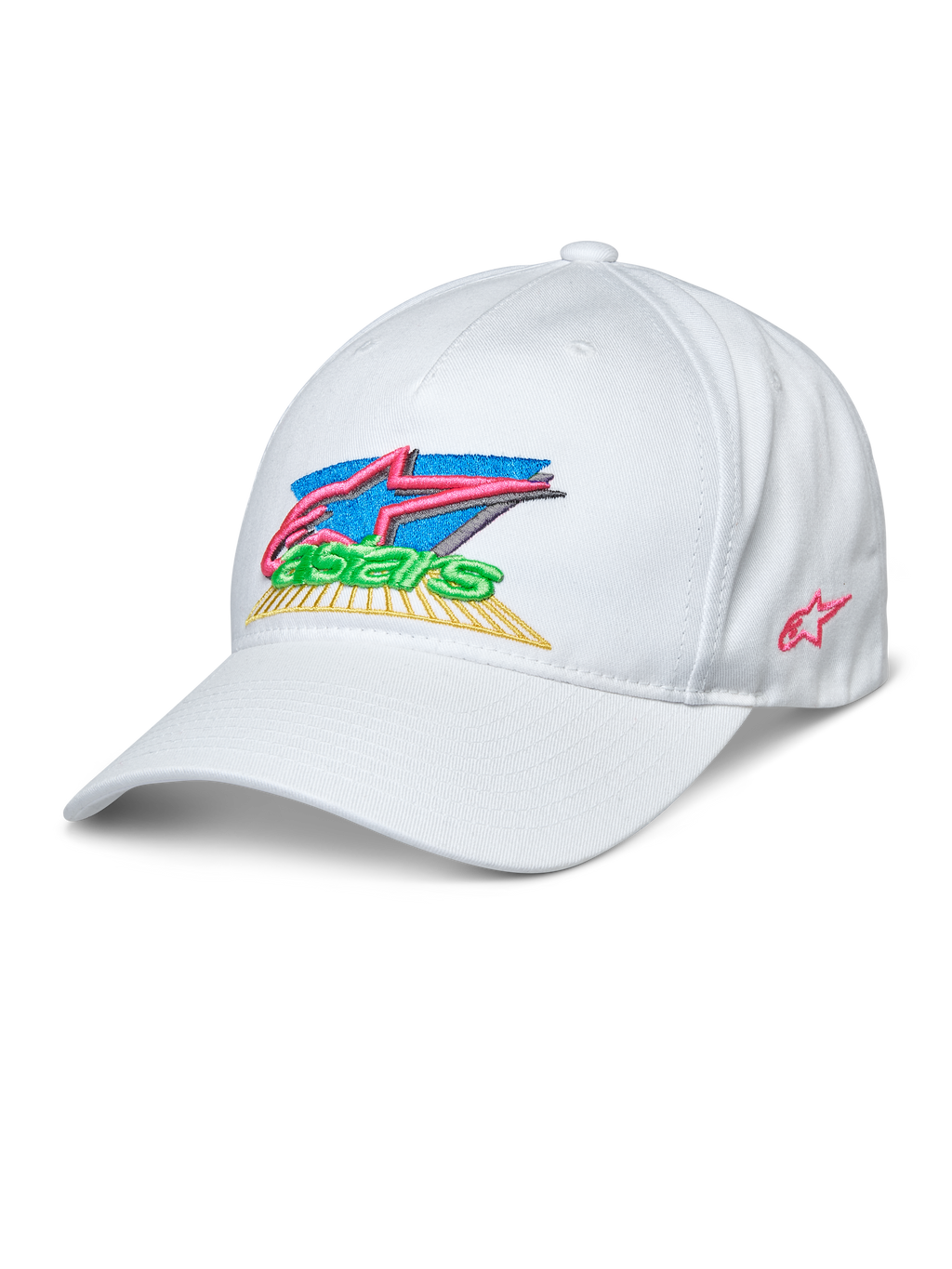 Alpinestars Vivid Hat, cappellino da baseball bianco, logo Astars colorato ricamato in 3D con rosa, blu, verde e giallo, visiera curva, corona bassa semi-strutturata, abbigliamento sportivo casual