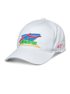 Alpinestars Vivid Hat, cappellino da baseball bianco, logo Astars colorato ricamato in 3D con rosa, blu, verde e giallo, visiera curva, corona bassa semi-strutturata, abbigliamento sportivo casual
