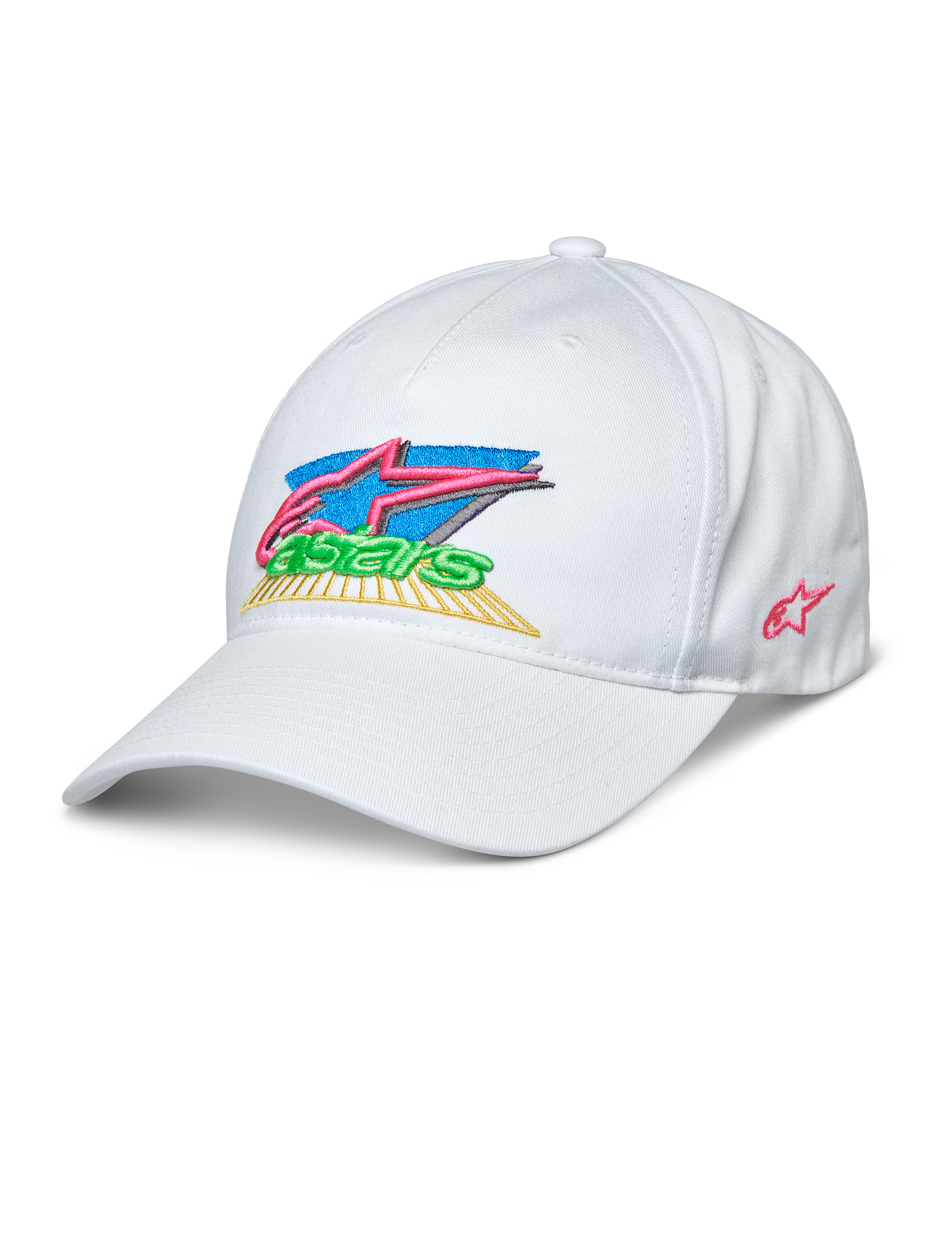Alpinestars Vivid Hat, cappellino da baseball bianco, logo Astars colorato ricamato in 3D con rosa, blu, verde e giallo, visiera curva, corona bassa semi-strutturata, abbigliamento sportivo casual