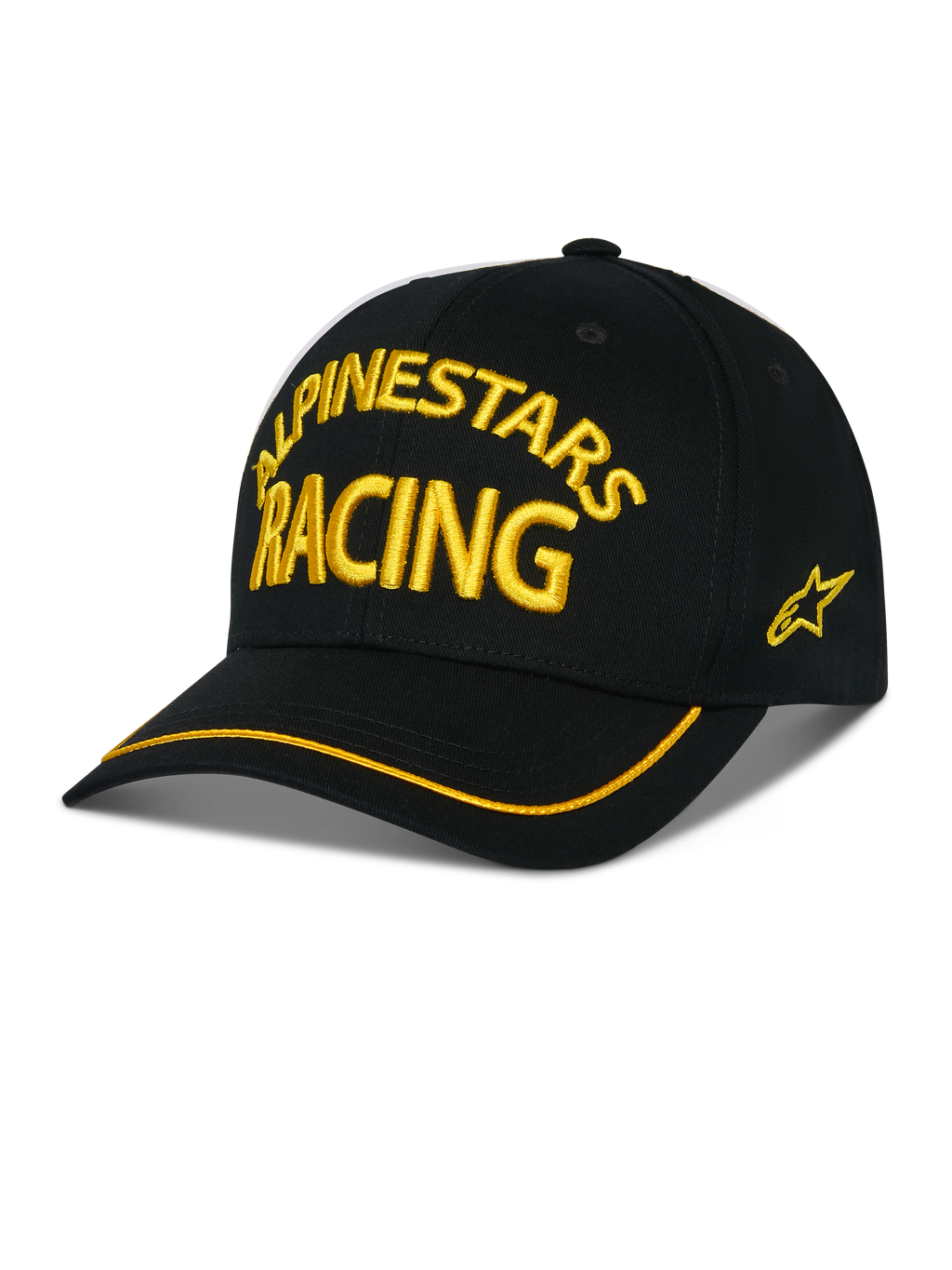 Alpinestars Luminary Hat, cappellino da baseball nero, ricamo 3D giallo "ALPINESTARS RACING", visiera curva con bordo giallo, logo stella laterale, streetwear casual motorsport
