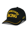 Alpinestars Luminary Hat, cappellino da baseball nero, ricamo 3D giallo "ALPINESTARS RACING", visiera curva con bordo giallo, logo stella laterale, streetwear casual motorsport
