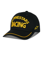 Alpinestars Luminary Hat, cappellino da baseball nero, ricamo 3D giallo "ALPINESTARS RACING", visiera curva con bordo giallo, logo stella laterale, streetwear casual motorsport