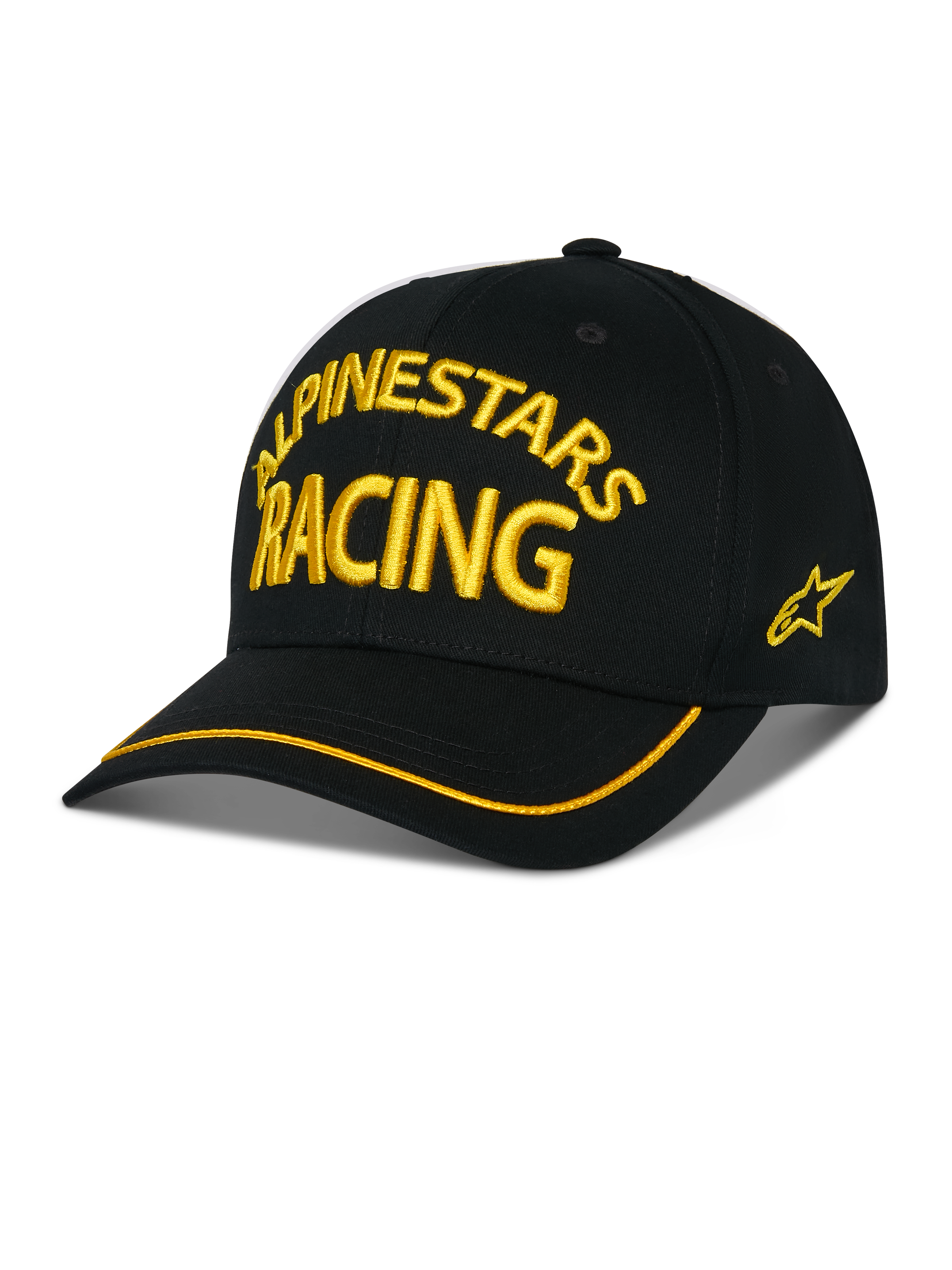 Alpinestars Luminary Hat, cappellino da baseball nero, ricamo 3D giallo "ALPINESTARS RACING", visiera curva con bordo giallo, logo stella laterale, streetwear casual motorsport