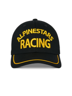 Cappello Alpinestars Luminary, cappellino snapback nero, ricamo frontale 3D giallo Alpinestars Racing, visiera curva con bordo sutache giallo, copricapo casual da motorsport