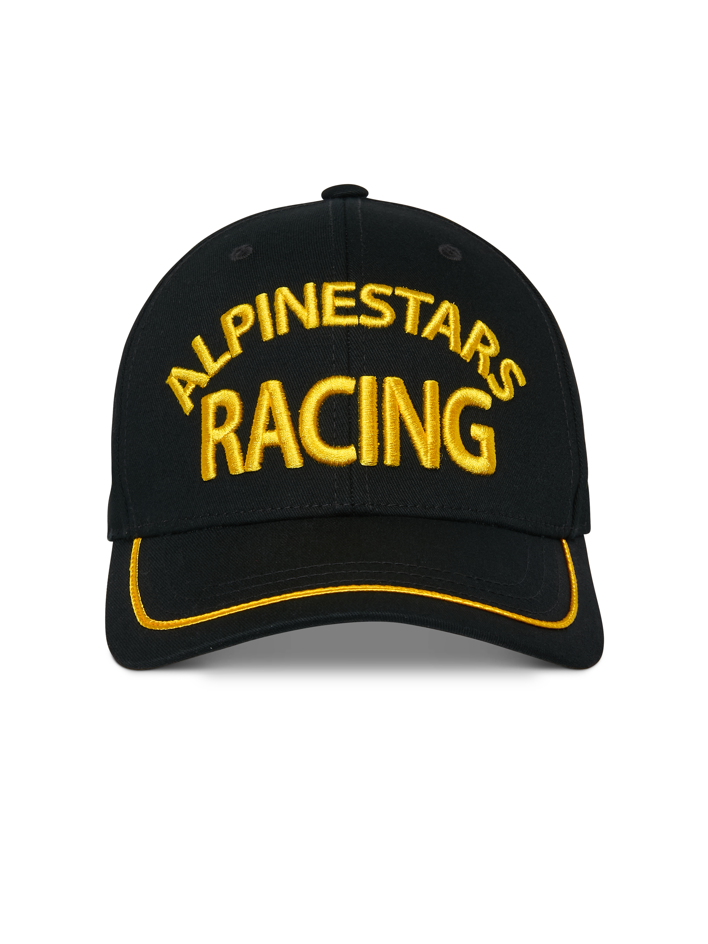 Cappello Alpinestars Luminary, cappellino snapback nero, ricamo frontale 3D giallo Alpinestars Racing, visiera curva con bordo sutache giallo, copricapo casual da motorsport