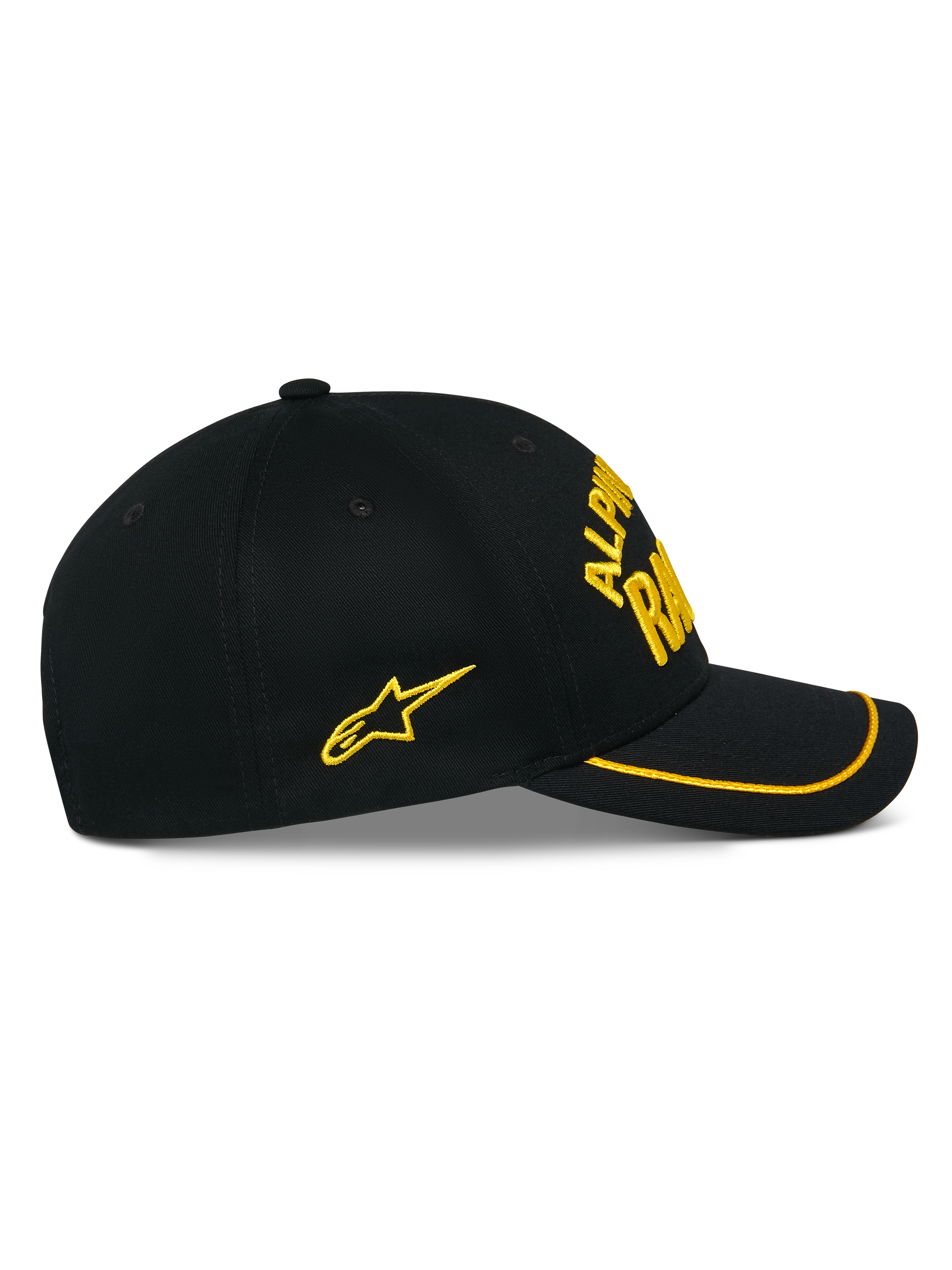 Alpinestars Luminary Hat, cappellino snapback nero, vista laterale, visiera curva con bordo sutache giallo, logo 3D e stella laterale ricamati in giallo, 100% cotone twill, copricapo casual ispirato al motorsport
