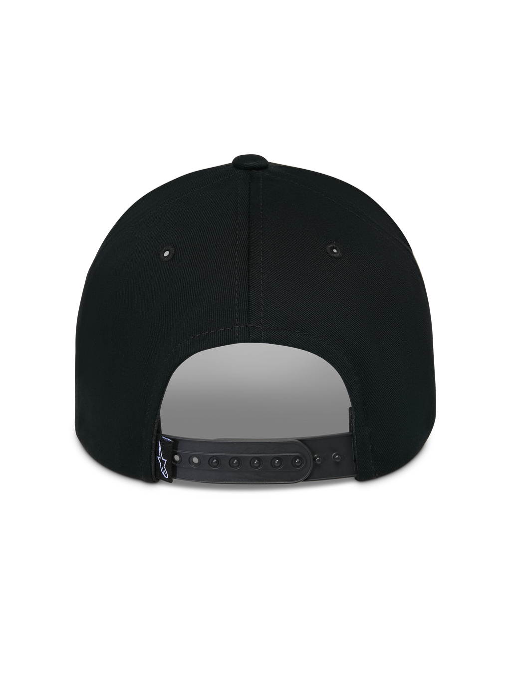 Cappello Alpinestars Luminary, nero, vista posteriore con chiusura snapback regolabile e piccola etichetta con logo in tessuto, corona strutturata in cotone, copricapo casual ispirato al motorsport