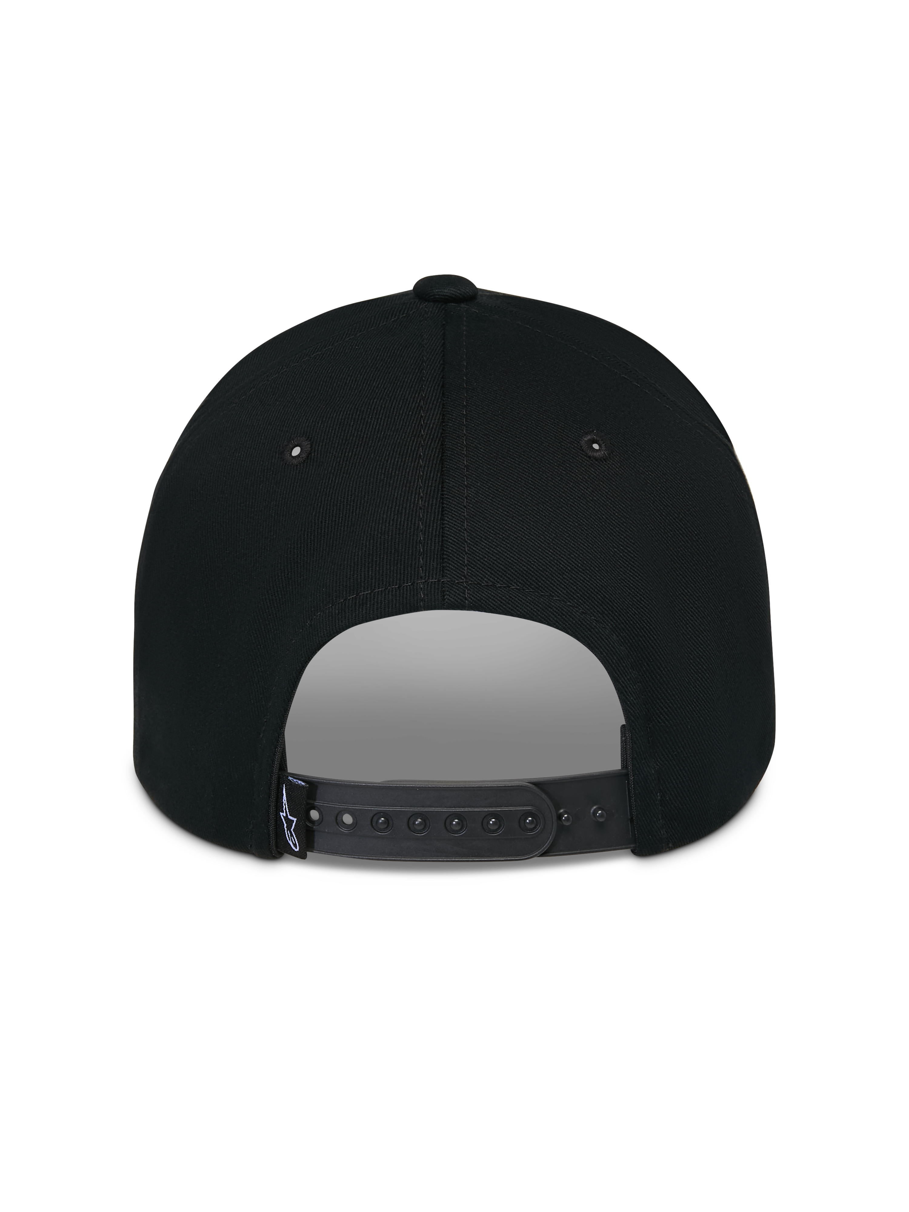 Cappello Alpinestars Luminary, nero, vista posteriore con chiusura snapback regolabile e piccola etichetta con logo in tessuto, corona strutturata in cotone, copricapo casual ispirato al motorsport