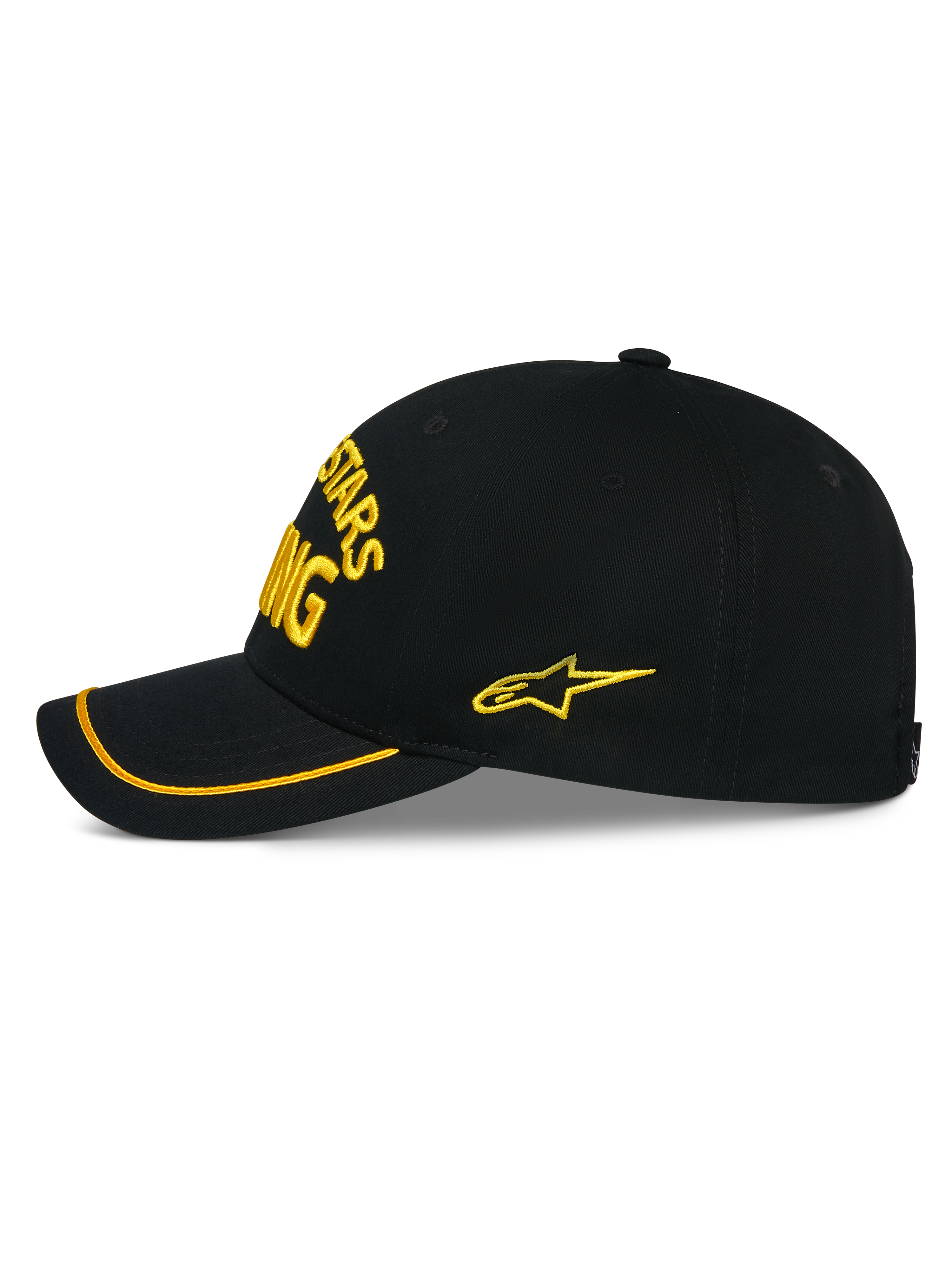 Alpinestars Cappello Luminary, cappellino snapback nero visto di lato, ricamo 3D giallo sul davanti e sul lato, visiera curva con bordo in sutache giallo, costruzione in twill di cotone strutturato