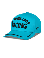Cappello Alpinestars Luminary, snapback con visiera curva, blu acqua, con scritta 'ALPINESTARS RACING' ricamata in 3D nera, logo laterale ricamato piatto e bordo sutache nero sulla visiera, copricapo casual ispirato al motorsport.