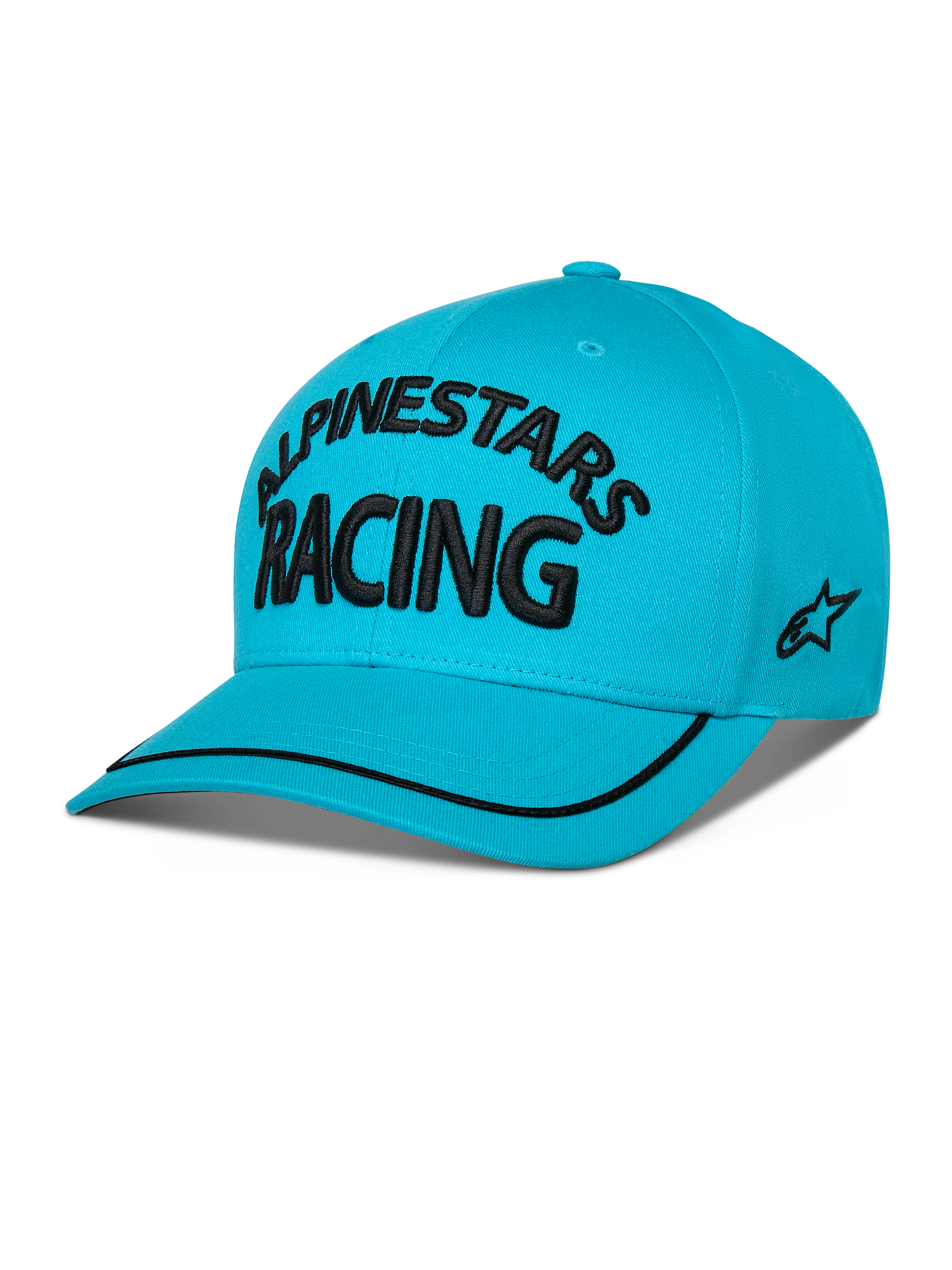 Cappello Alpinestars Luminary, snapback con visiera curva, blu acqua, con scritta 'ALPINESTARS RACING' ricamata in 3D nera, logo laterale ricamato piatto e bordo sutache nero sulla visiera, copricapo casual ispirato al motorsport.
