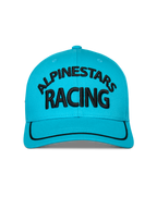 Cappello Alpinestars Luminary, Blu Acqua, vista frontale di cappello snapback con visiera curva, logo Alpinestars Racing nero ricamato in 3D, bordo in sutache nero sulla visiera, corona strutturata, abbigliamento sportivo casual