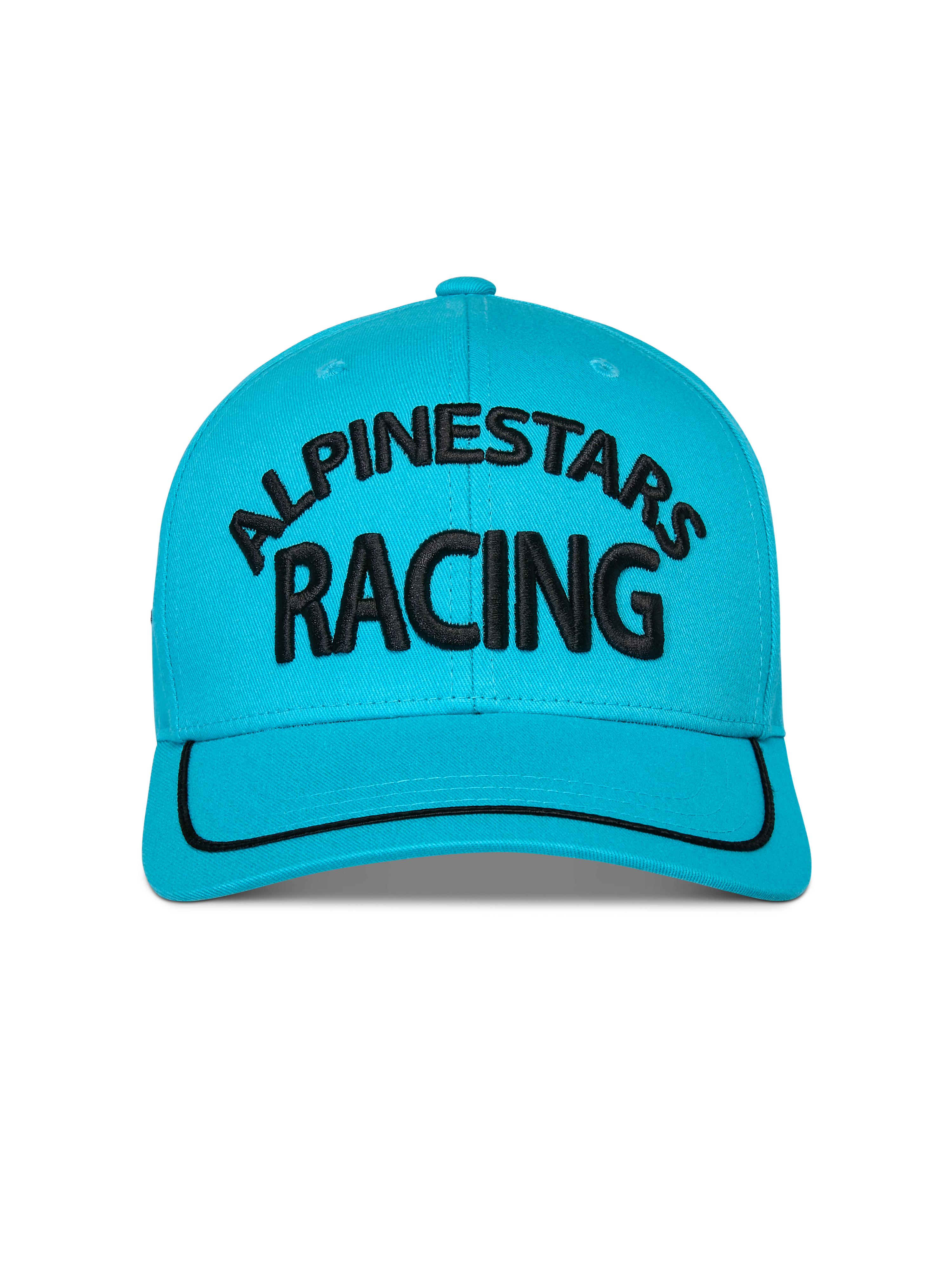 Cappello Alpinestars Luminary, Blu Acqua, vista frontale di cappello snapback con visiera curva, logo Alpinestars Racing nero ricamato in 3D, bordo in sutache nero sulla visiera, corona strutturata, abbigliamento sportivo casual