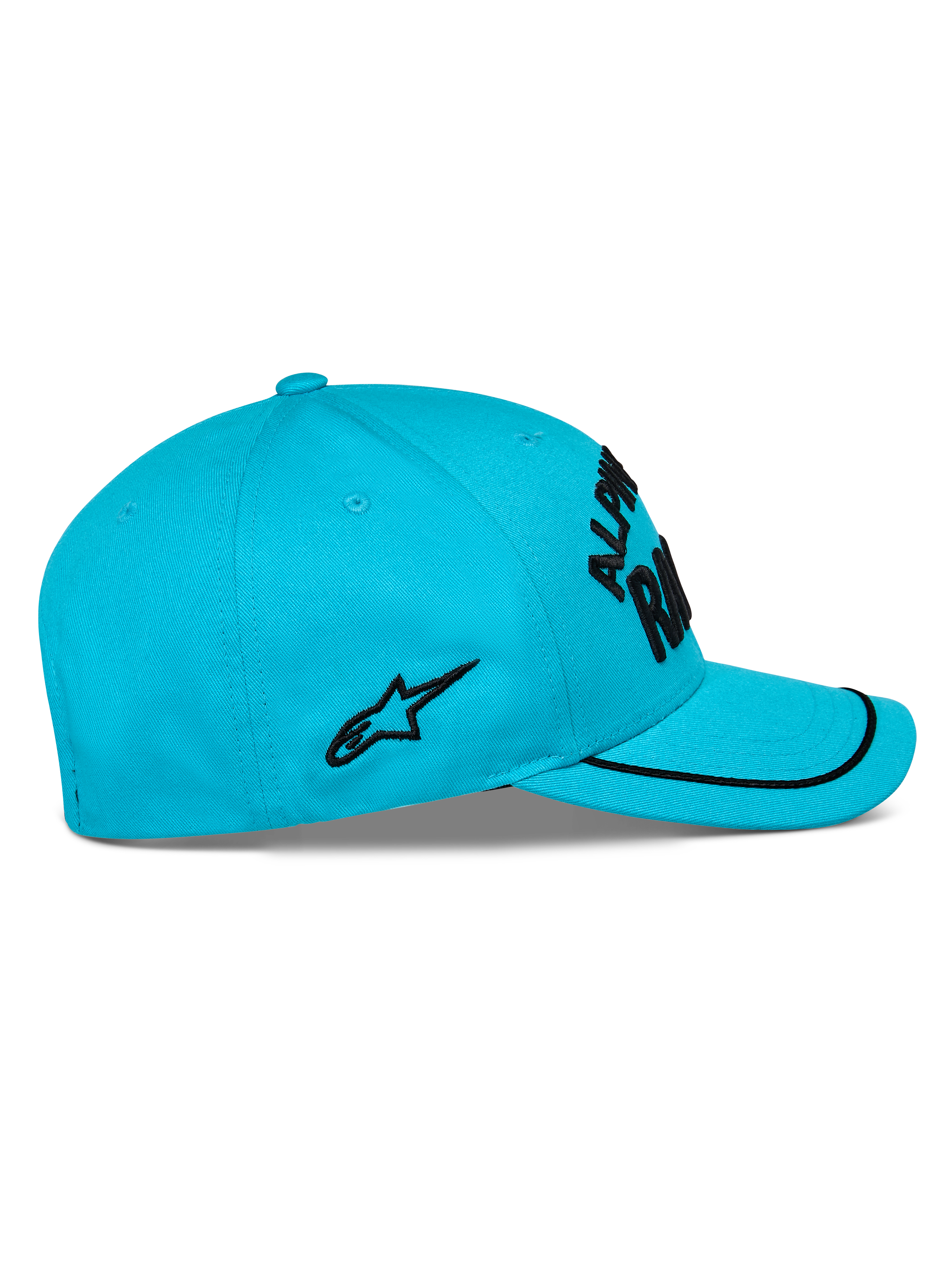 Cappello Alpinestars Luminary, blu acqua, vista laterale, visiera curva con bordo sutache nero, logo ricamato piatto nero sul lato, corona strutturata, copricapo casual da motorsport