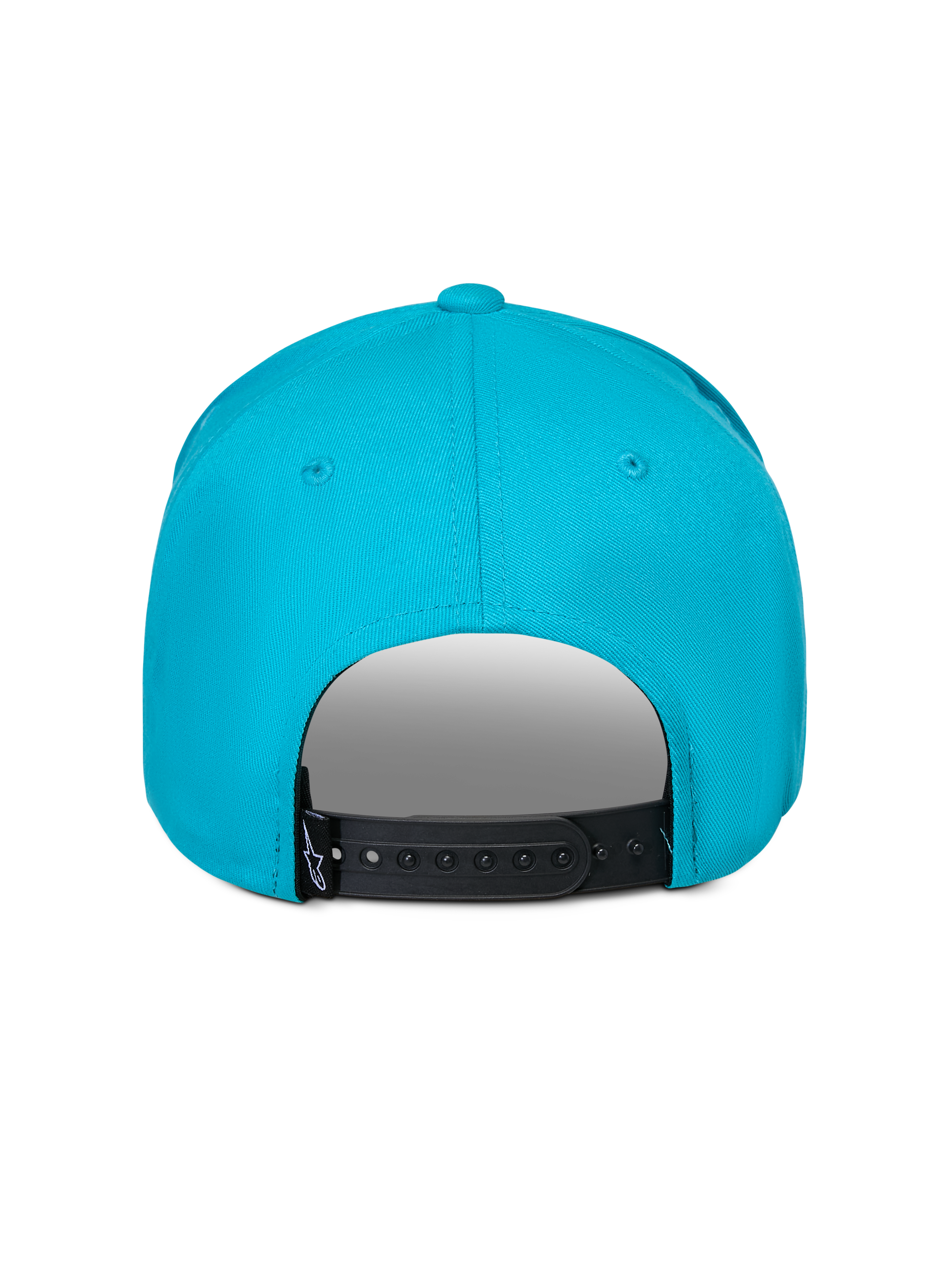 Cappello Alpinestars Luminary, blu acqua, vista posteriore con chiusura snapback nera regolabile, piccola etichetta con logo nero, 100% twill di cotone, accessorio sportswear casual