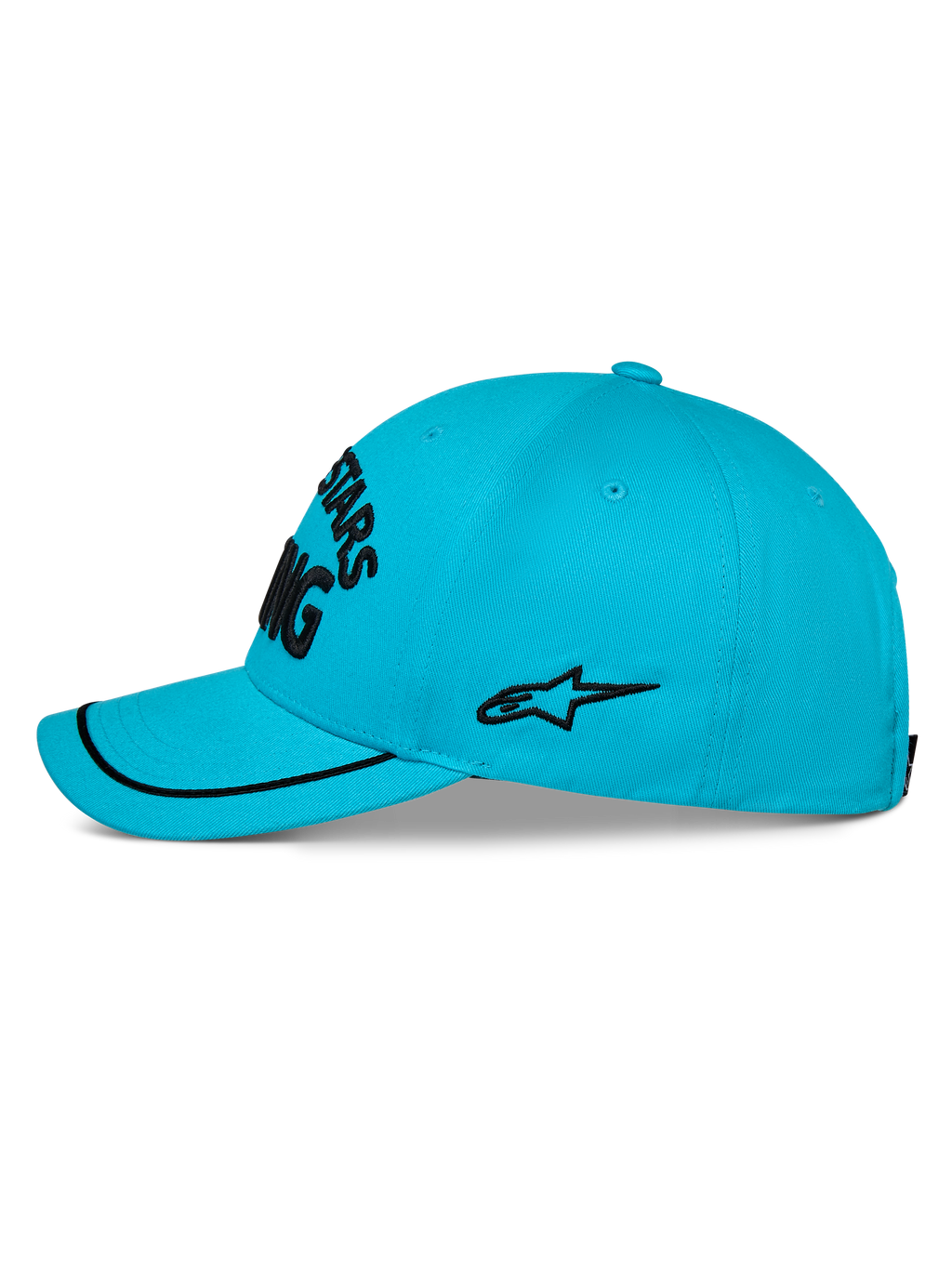 Cappello Alpinestars Luminary, cappellino da baseball blu acqua, vista di profilo laterale, visiera curva con bordo sutache nero, logo laterale ricamato nero, corona strutturata, abbigliamento sportivo casual