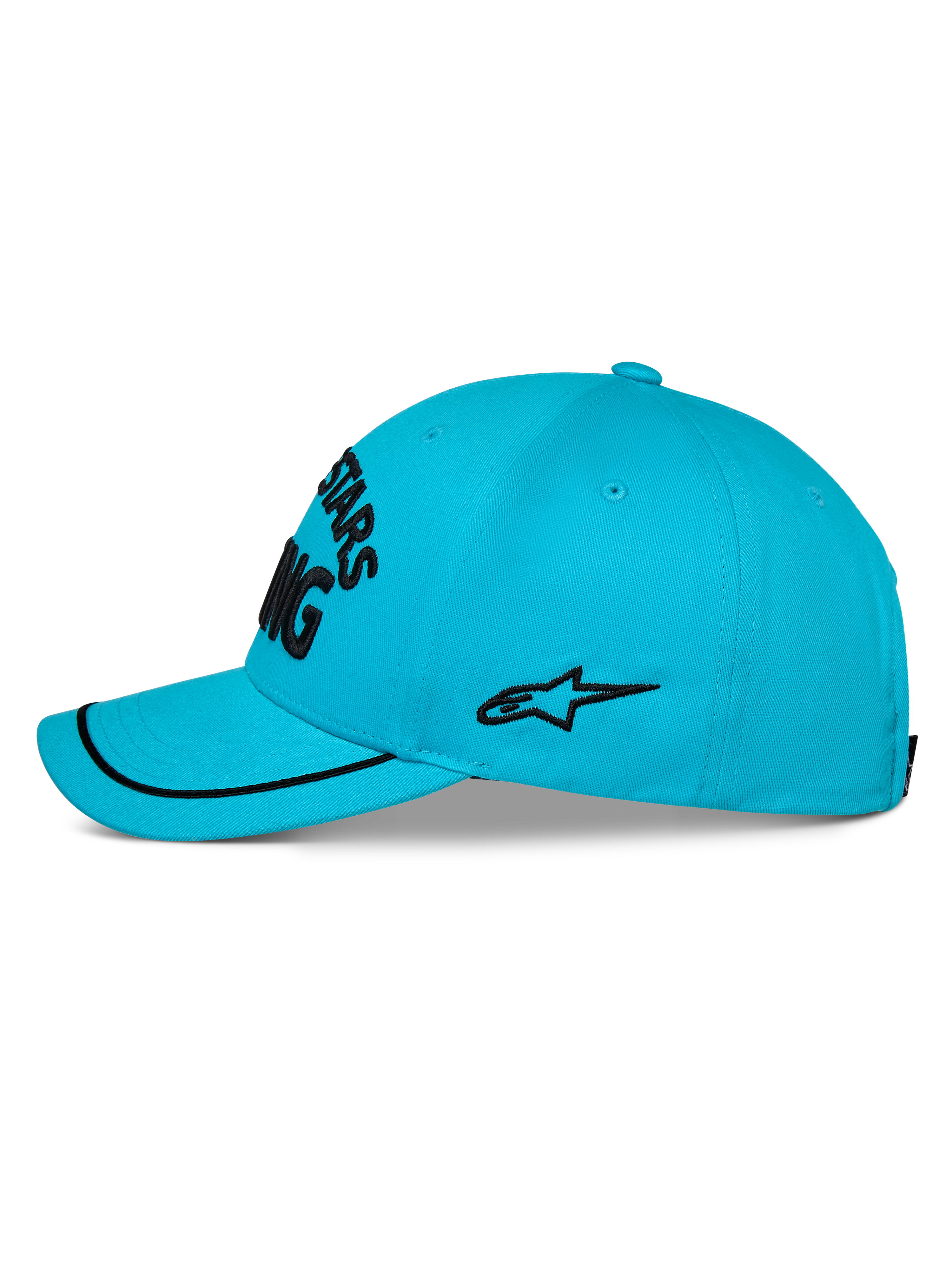 Cappello Alpinestars Luminary, cappellino da baseball blu acqua, vista di profilo laterale, visiera curva con bordo sutache nero, logo laterale ricamato nero, corona strutturata, abbigliamento sportivo casual