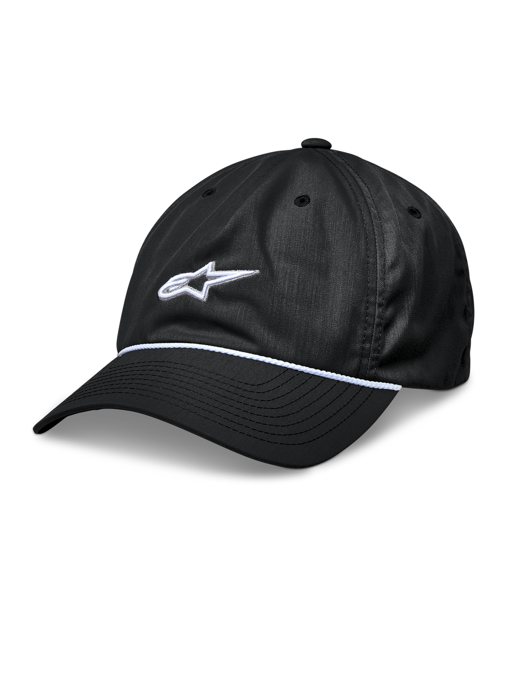 Alpinestars Tyler Hat, cappellino da baseball nero snapback, visiera curva con bordo in corda intrecciata bianca, logo a stella bianco ricamato in 3D, corona bassa non strutturata, abbigliamento sportivo casual